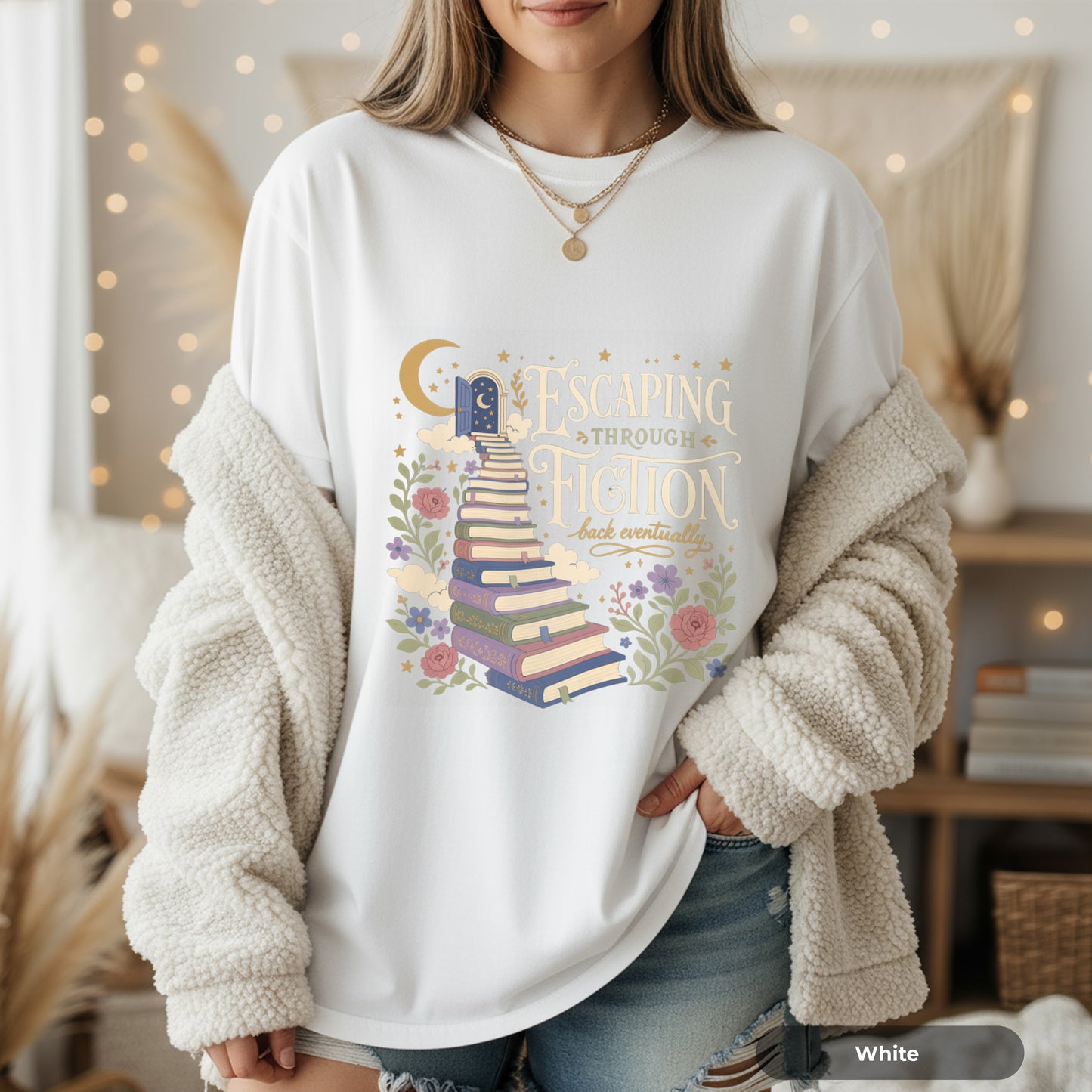 Escaping Into Fiction T-Shirt — Stacked Books & Floral Reading Tee