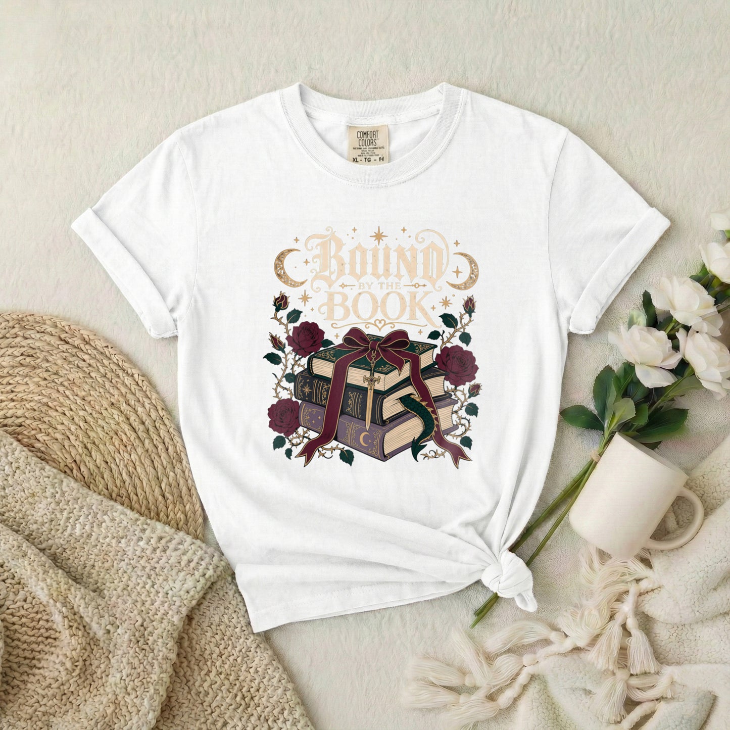 Bound Book Graphic T-Shirt — Stacked Books, Roses & Ribbon Literary Tee