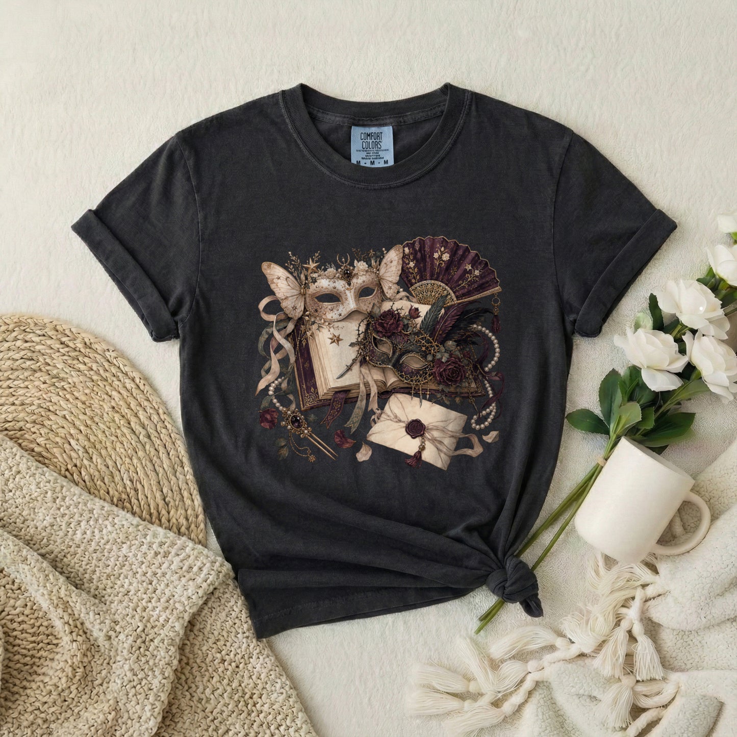 Masquerade Romance T-Shirt — Vintage Mask, Fan & Love Letter Graphic