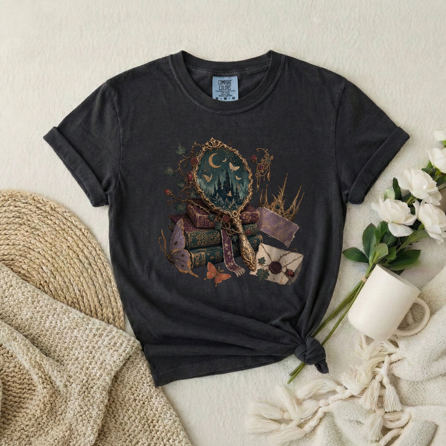 Occult Bookstack T-Shirt — Vintage Mirror, Moon & Potion Gothic Graphic Tee