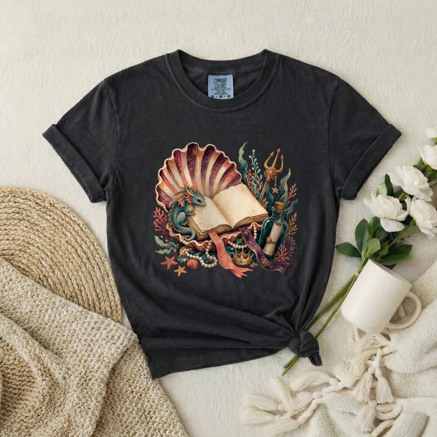 Sea Witch Book T-Shirt — Vintage Mermaid Shell & Trident Graphic