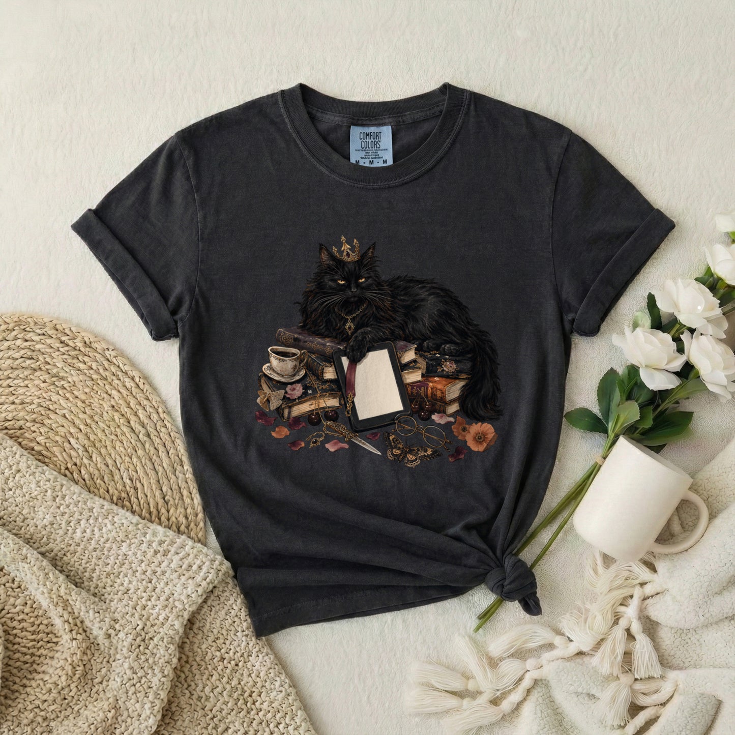 Black Cat Witchcraft T-Shirt — Queen Cat with Books & Potion Graphic
