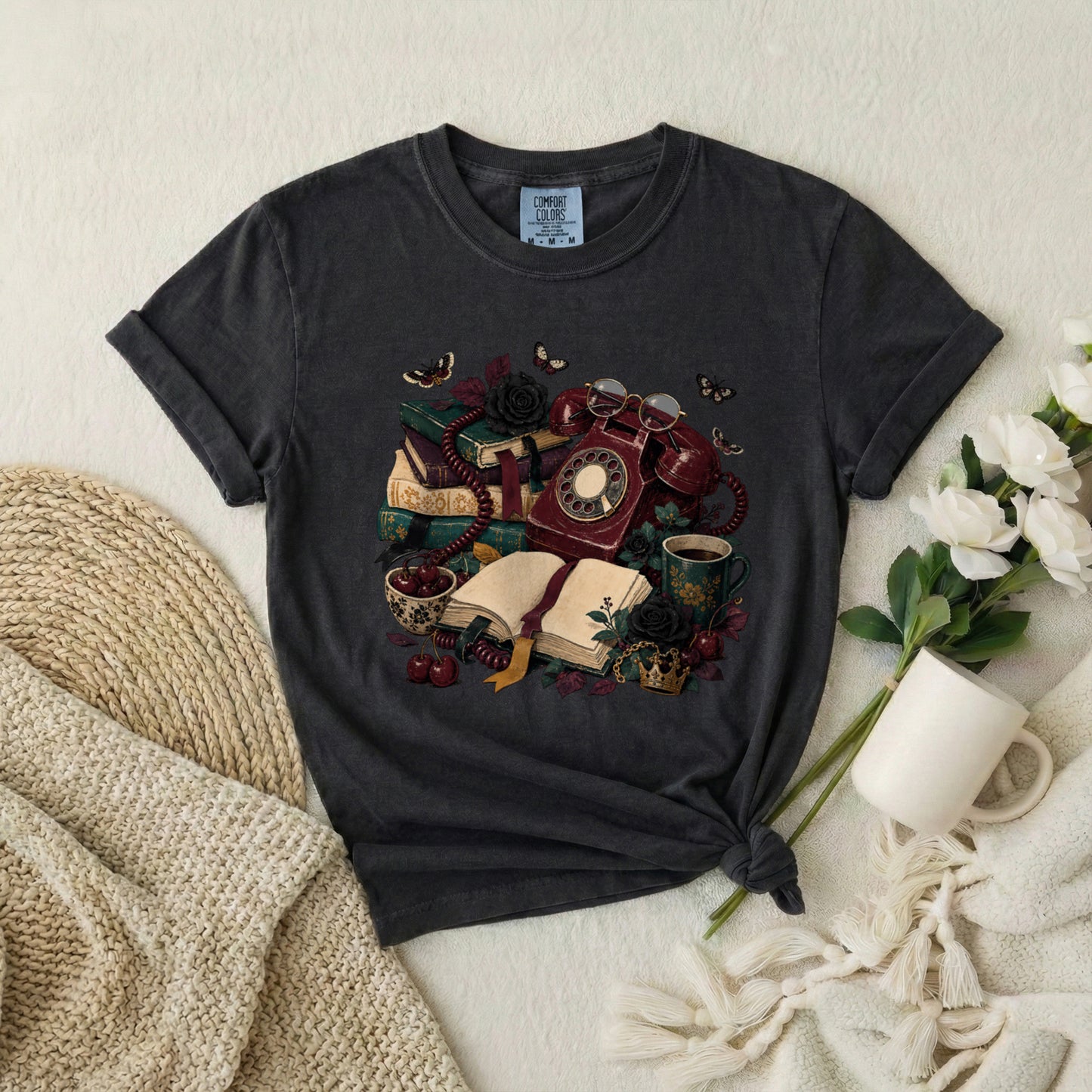 Vintage Bookish T-Shirt — Retro Phone, Books & Coffee Graphic