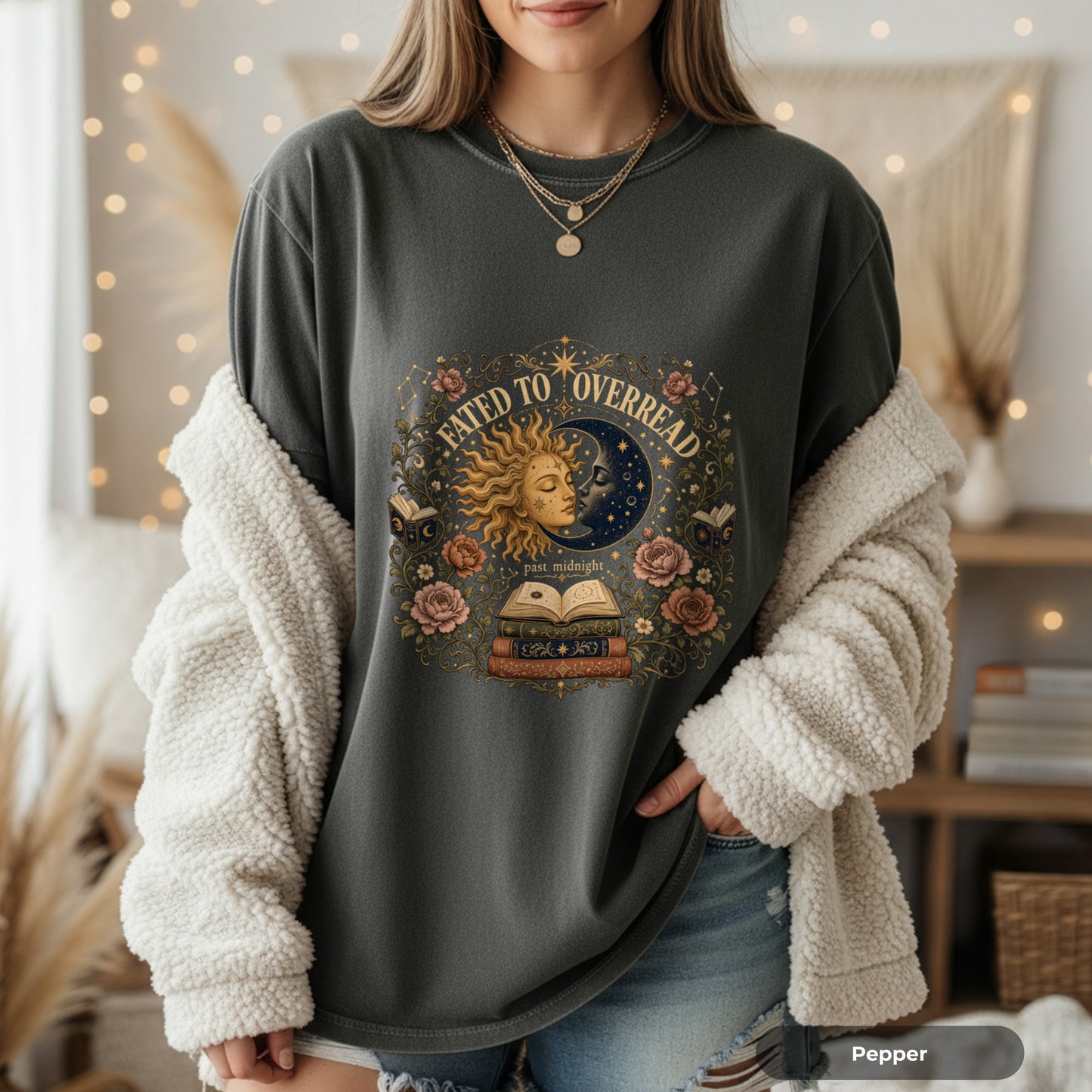 Mystic Sun & Moon Tee — "Born to Overread" Vintage Bookish Graphic T-Shirt