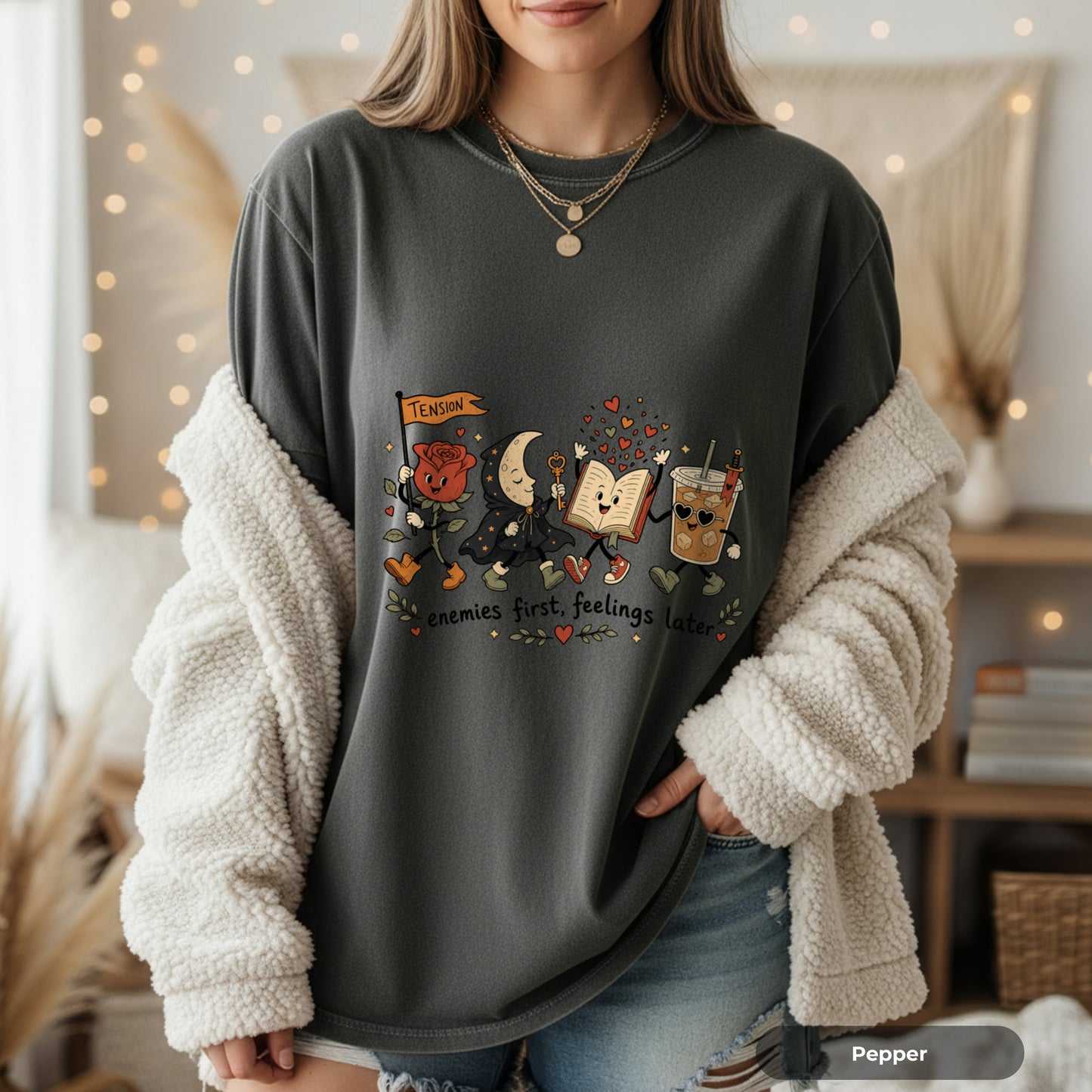 Enemies First, Feelings Later T-Shirt — Cute Romantic Book & Coffee Graphic Tee