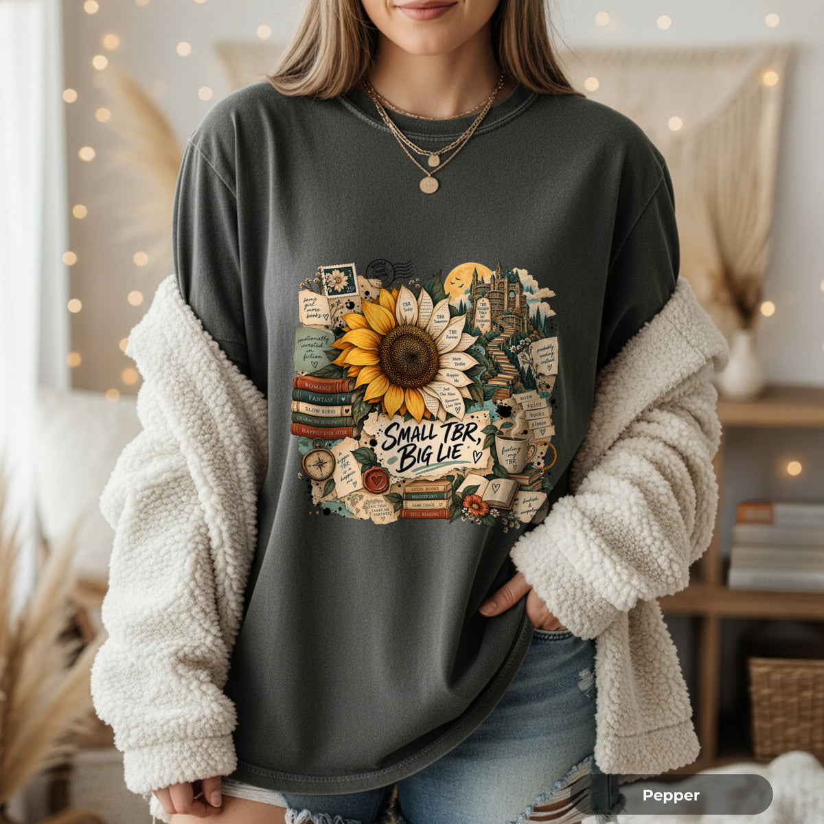 T-Shirt — 'Small TBR, Big Lie' Sunflower Booklover Graphic Tee