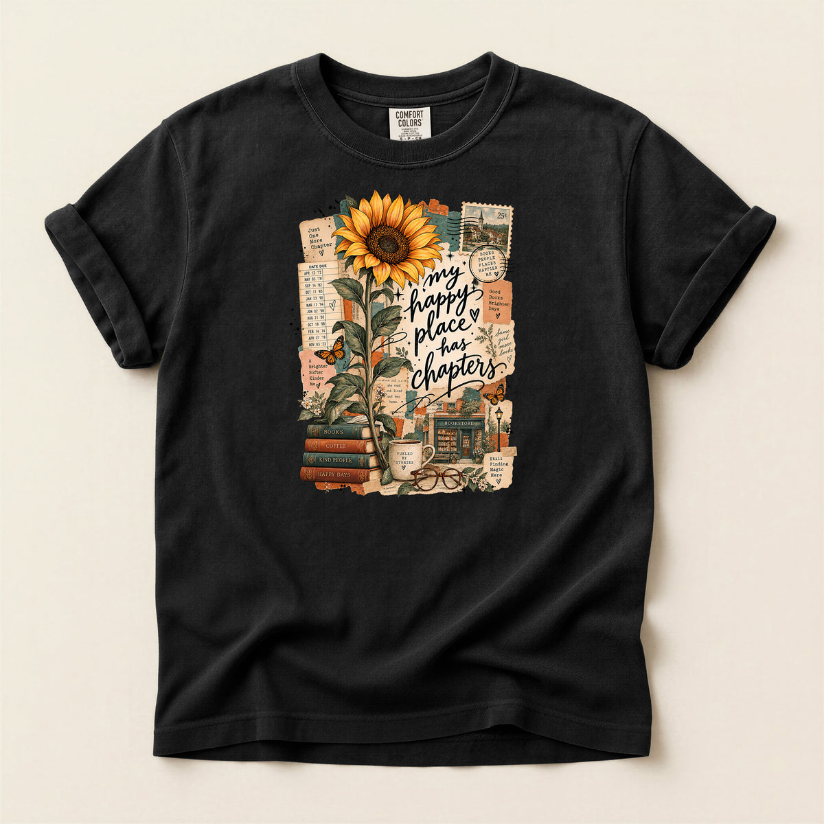 Happy Place T-Shirt – Inspirational Sunflower Book Lover Design