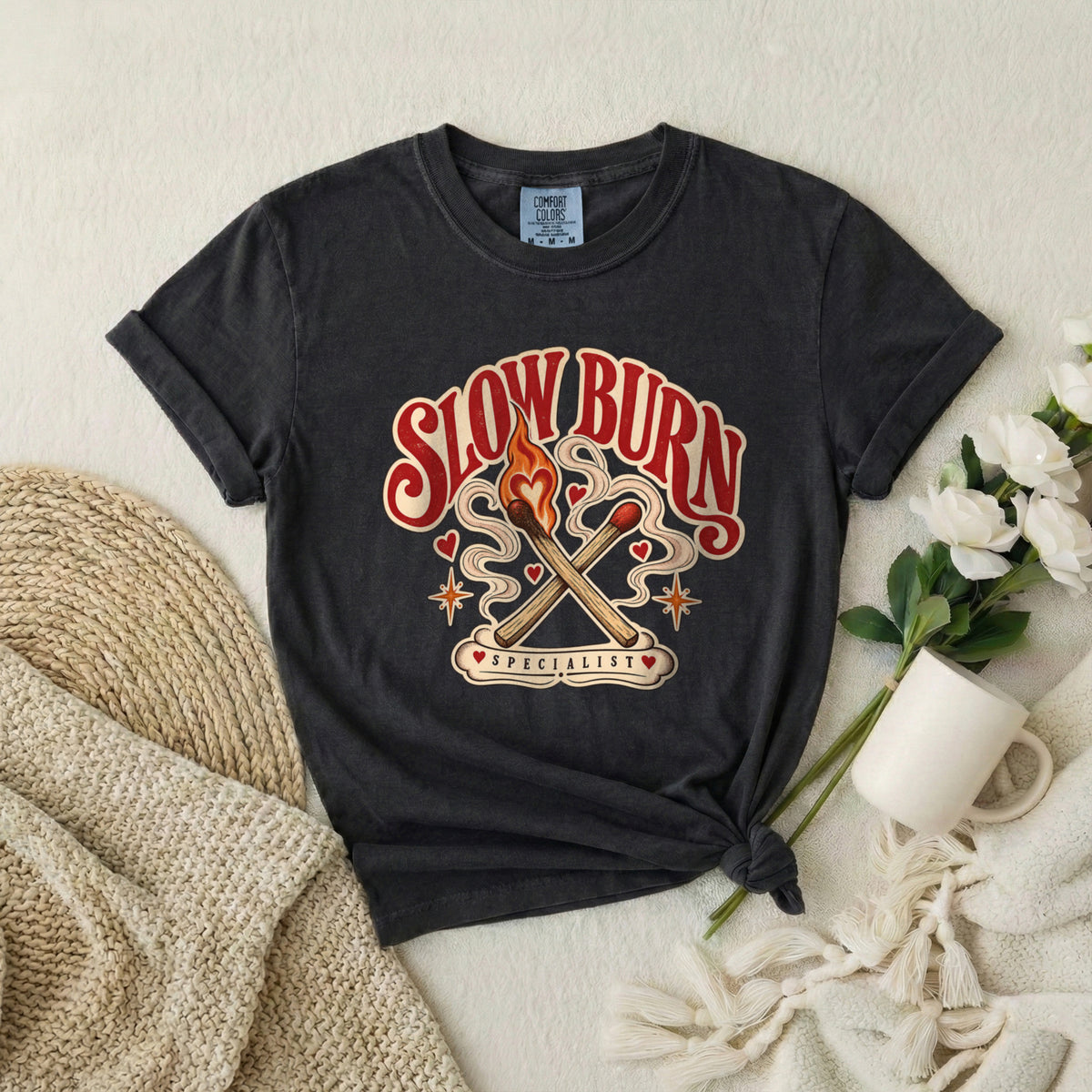 Slow Burn Graphic T-Shirt — Retro Matchstick Flame Design