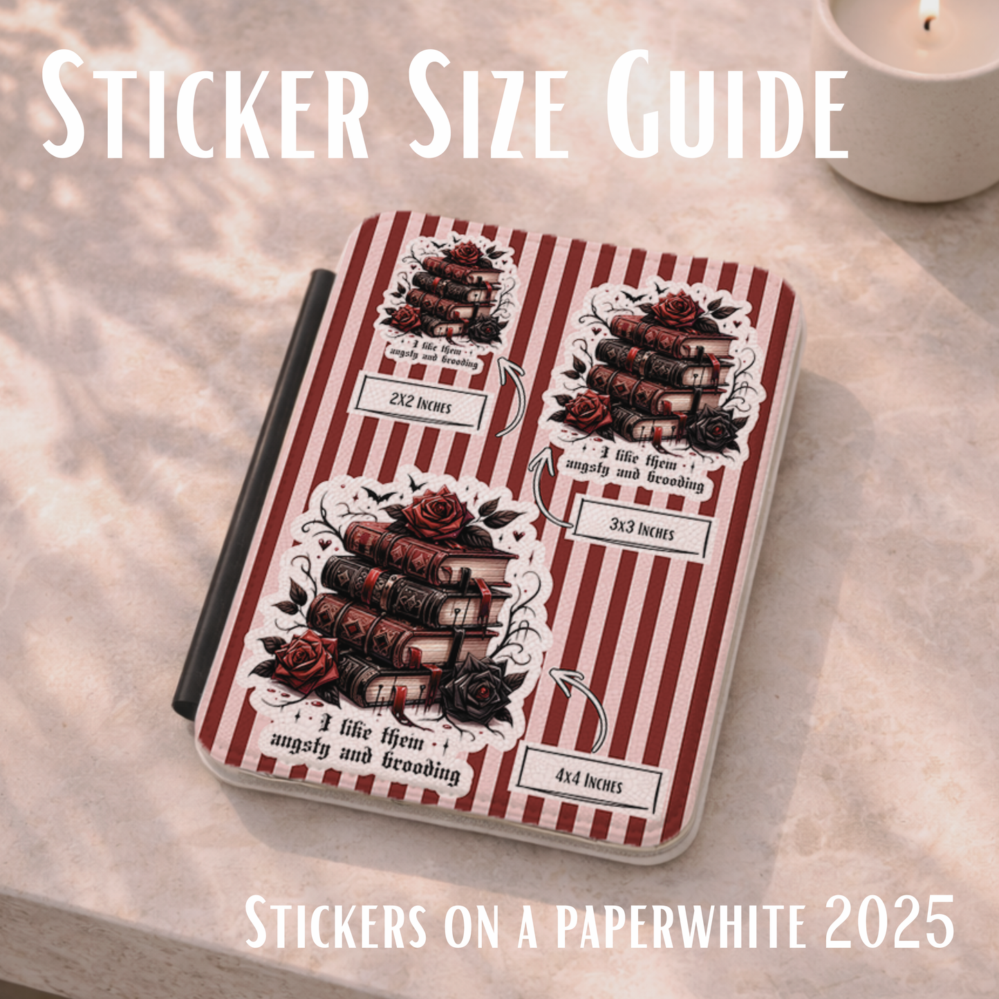 Gothic Skull & Roses Kiss-Cut Sticker — Candle, Books, Dark Tattoo Art