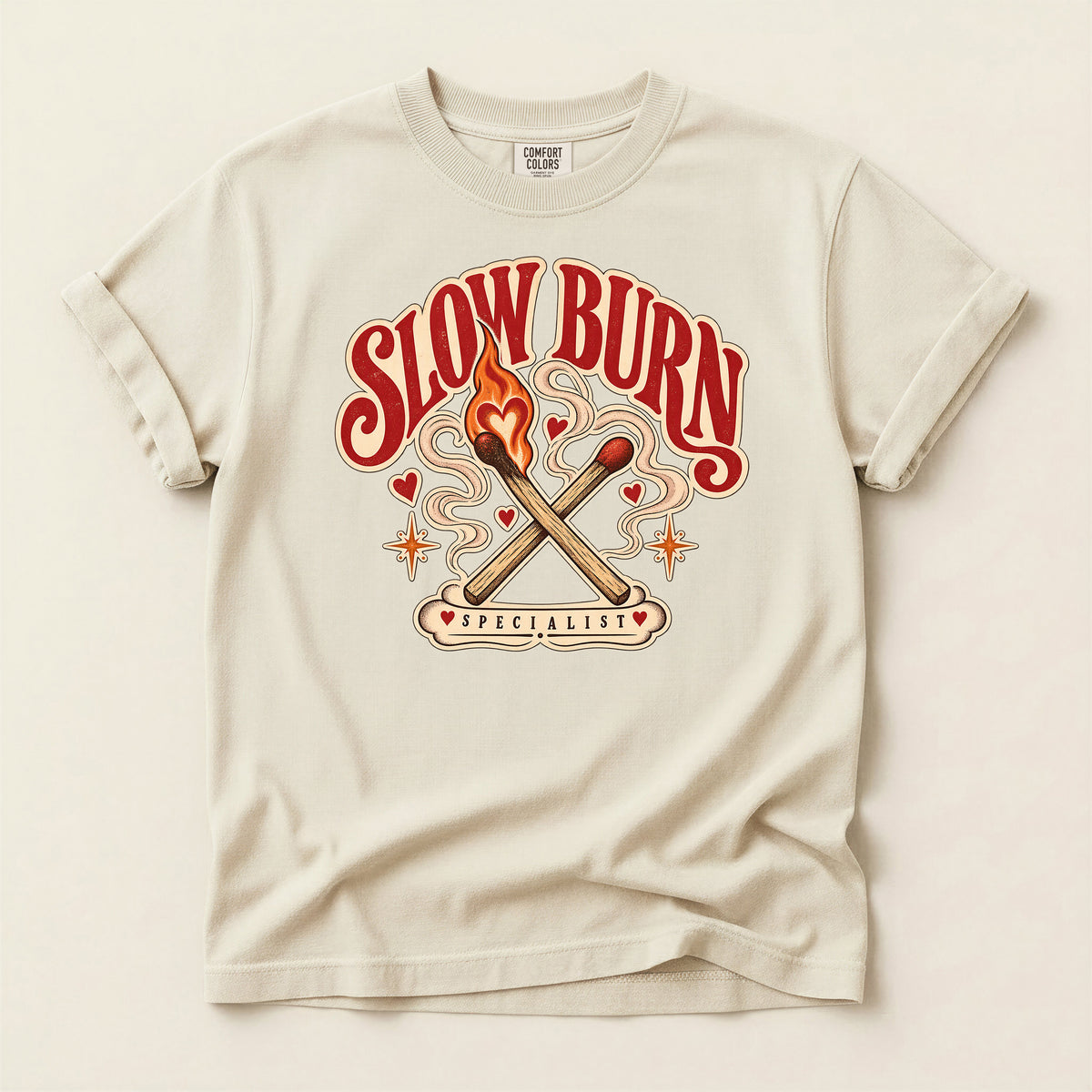 Slow Burn Graphic T-Shirt — Retro Matchstick Flame Design