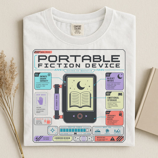 Portable Fiction Device T-Shirt – Retro E-Reader Graphic Tee for Book Lovers