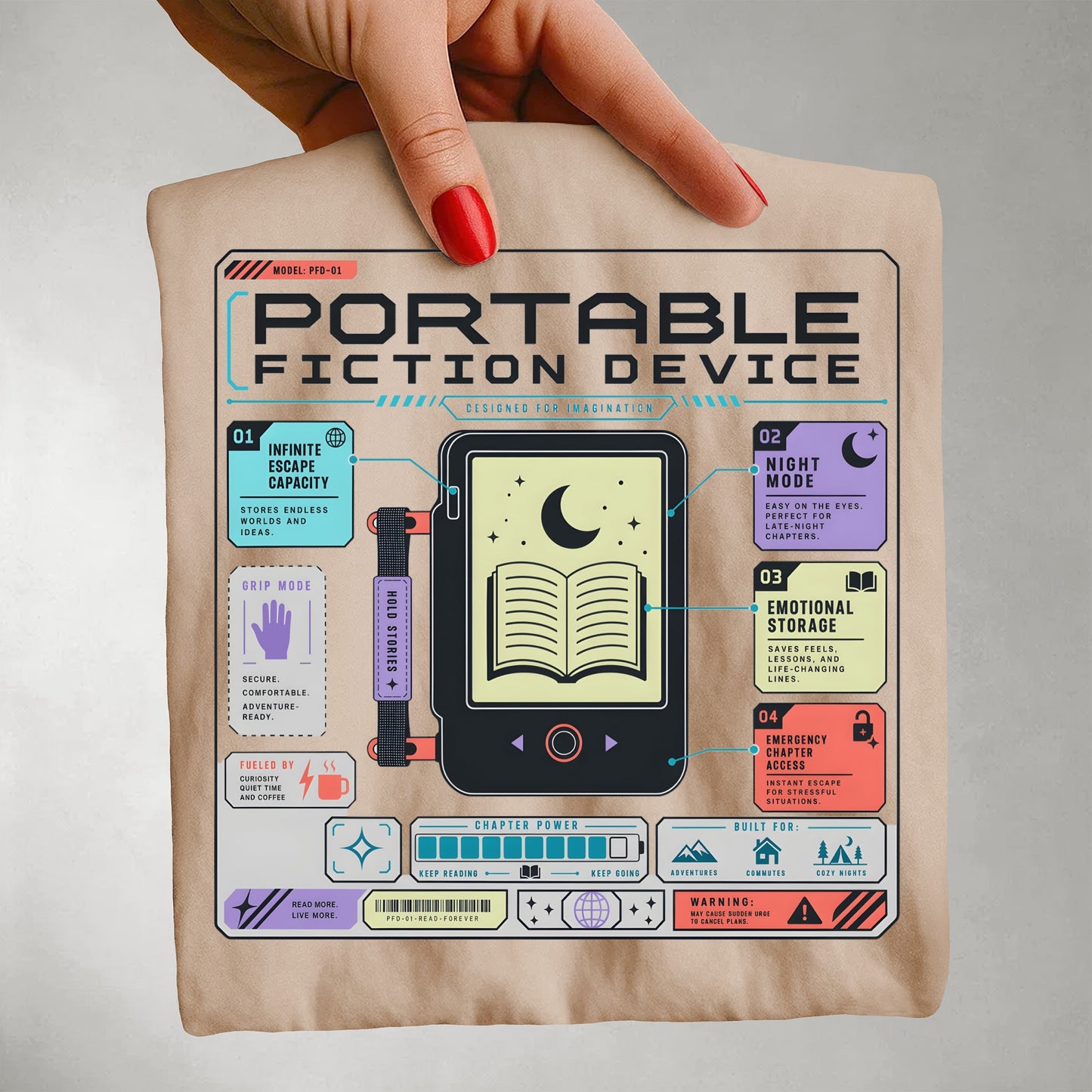 Portable Fiction Device T-Shirt – Retro E-Reader Graphic Tee for Book Lovers