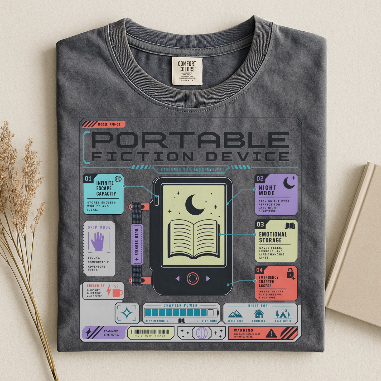 Portable Fiction Device T-Shirt – Retro E-Reader Graphic Tee for Book Lovers