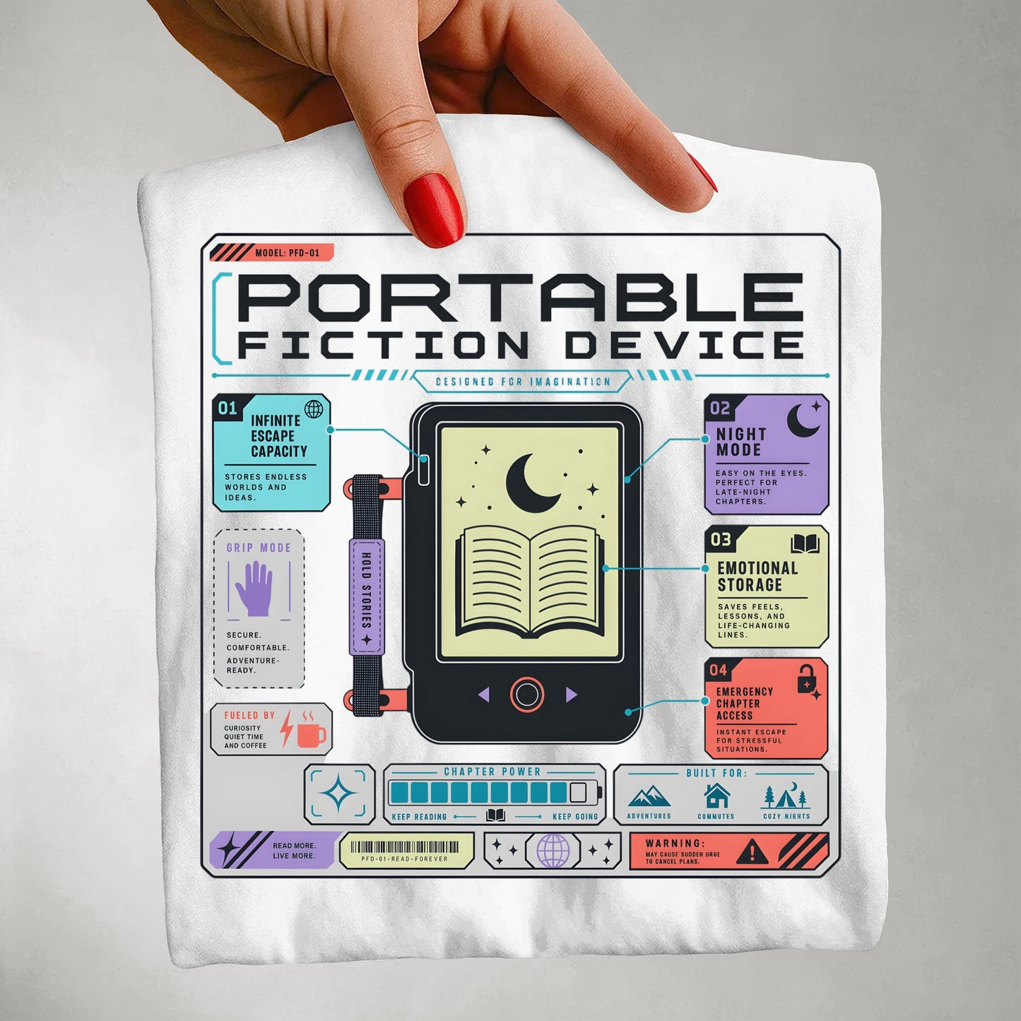 Portable Fiction Device T-Shirt – Retro E-Reader Graphic Tee for Book Lovers