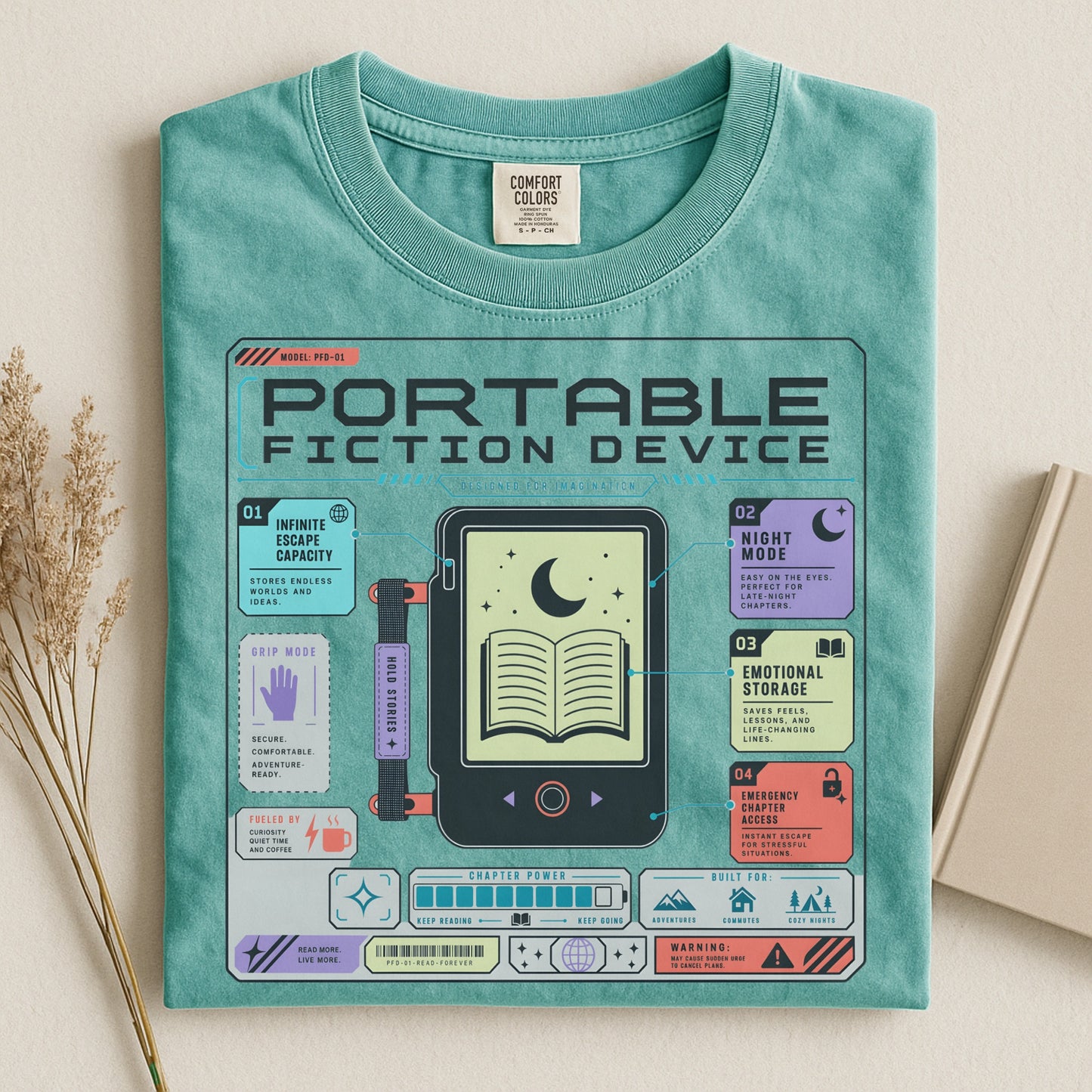 Portable Fiction Device T-Shirt – Retro E-Reader Graphic Tee for Book Lovers