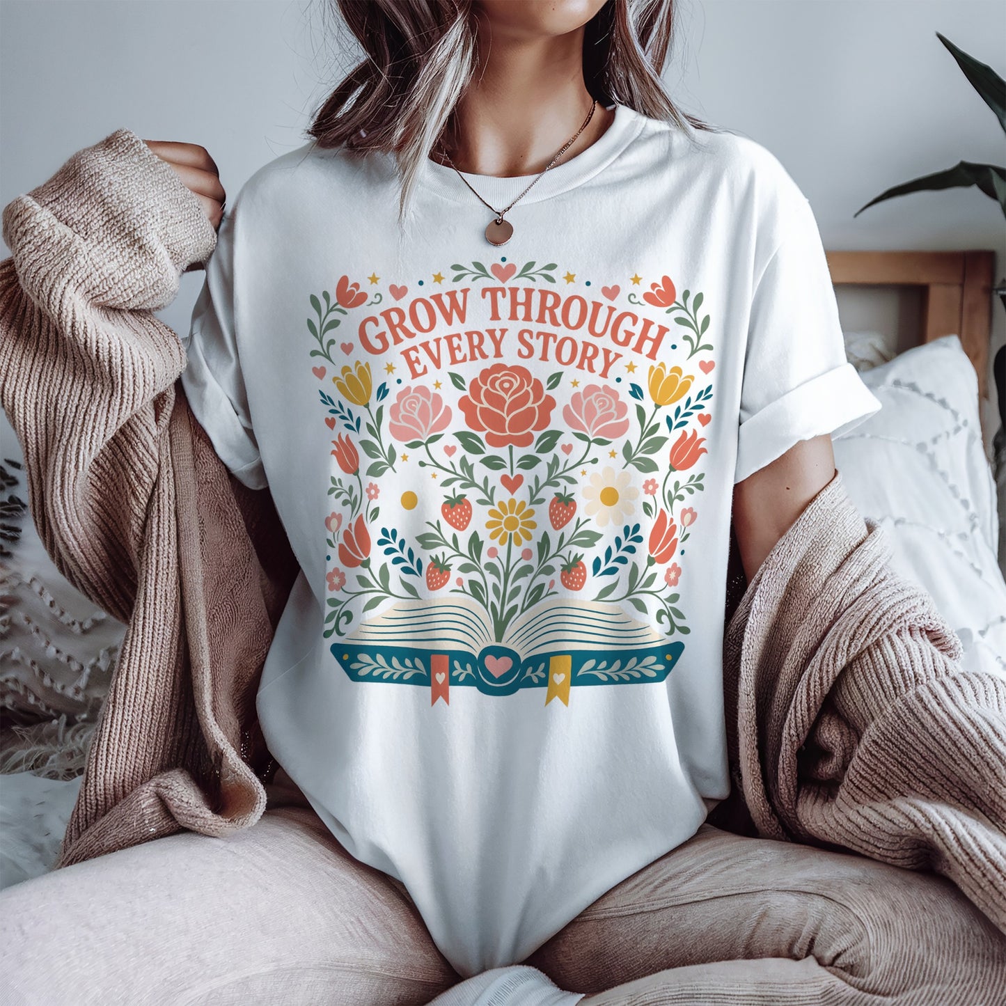 Grow Through Every Story T-Shirt — Floral Book Lover Tee