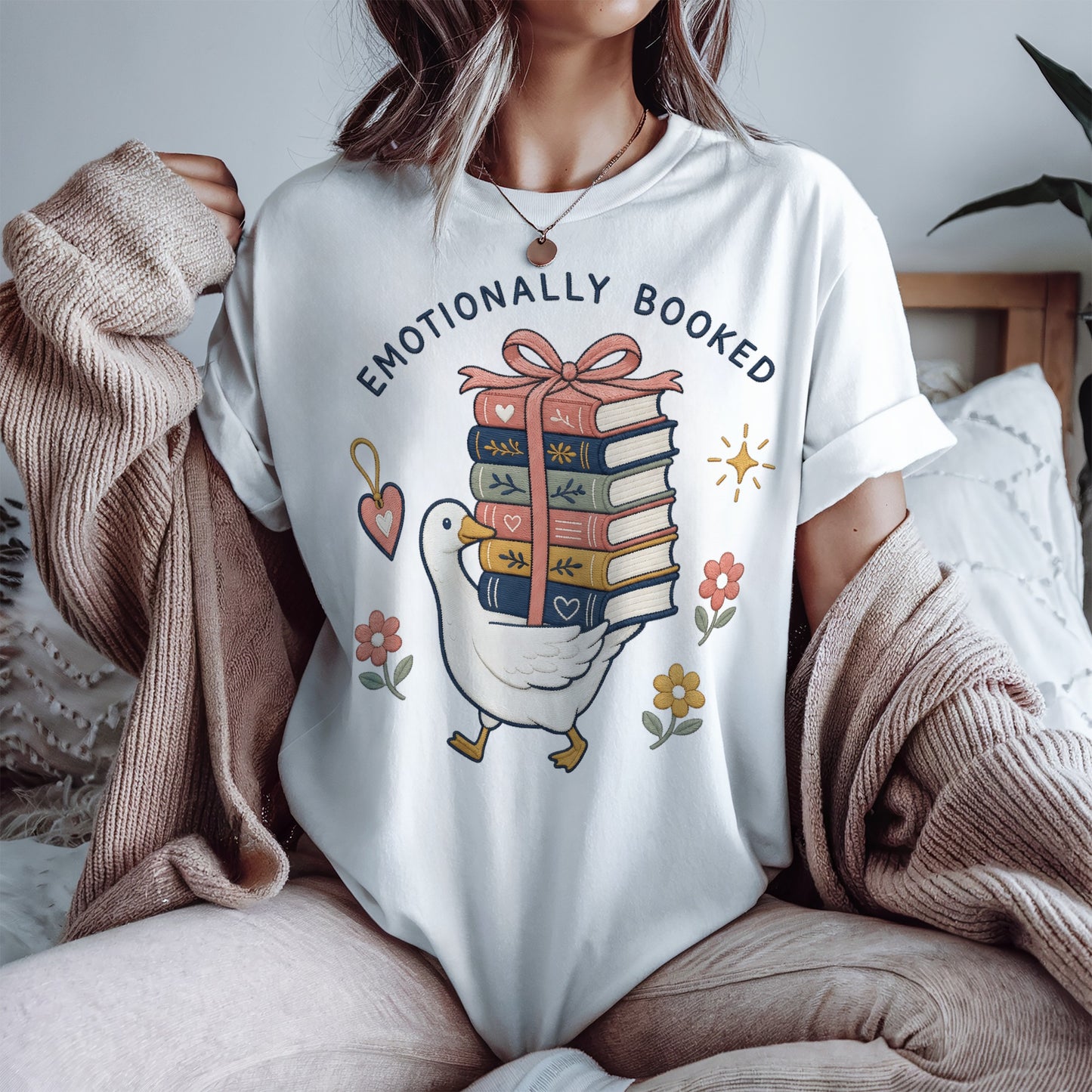 Emotionally Booked T-Shirt — Cute Goose & Stack of Books Tee for Book Lovers