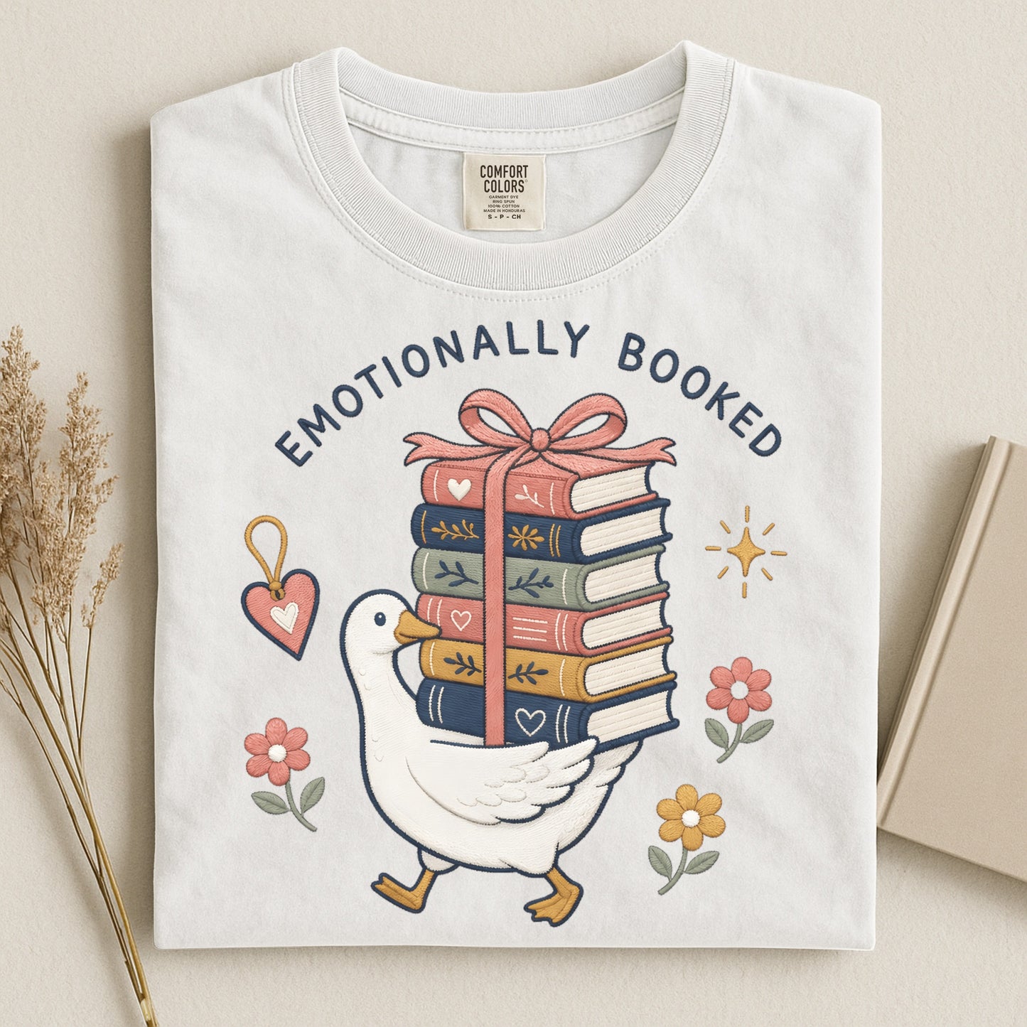 Emotionally Booked T-Shirt — Cute Goose & Stack of Books Tee for Book Lovers
