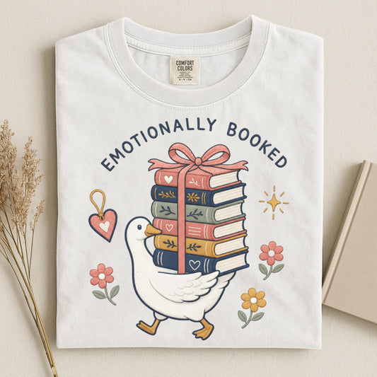 Emotionally Booked T-Shirt — Cute Goose & Stack of Books Tee for Book Lovers