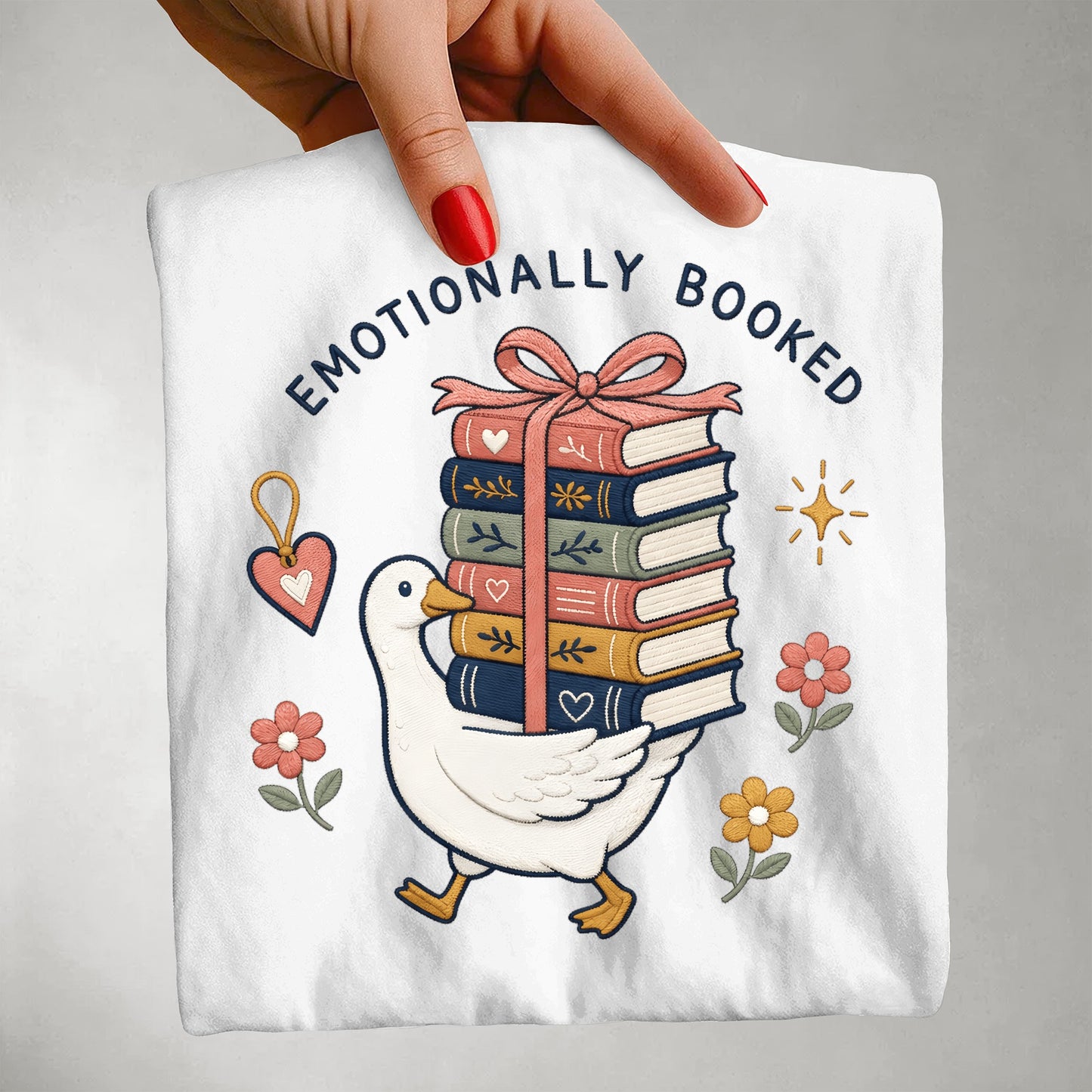 Emotionally Booked T-Shirt — Cute Goose & Stack of Books Tee for Book Lovers