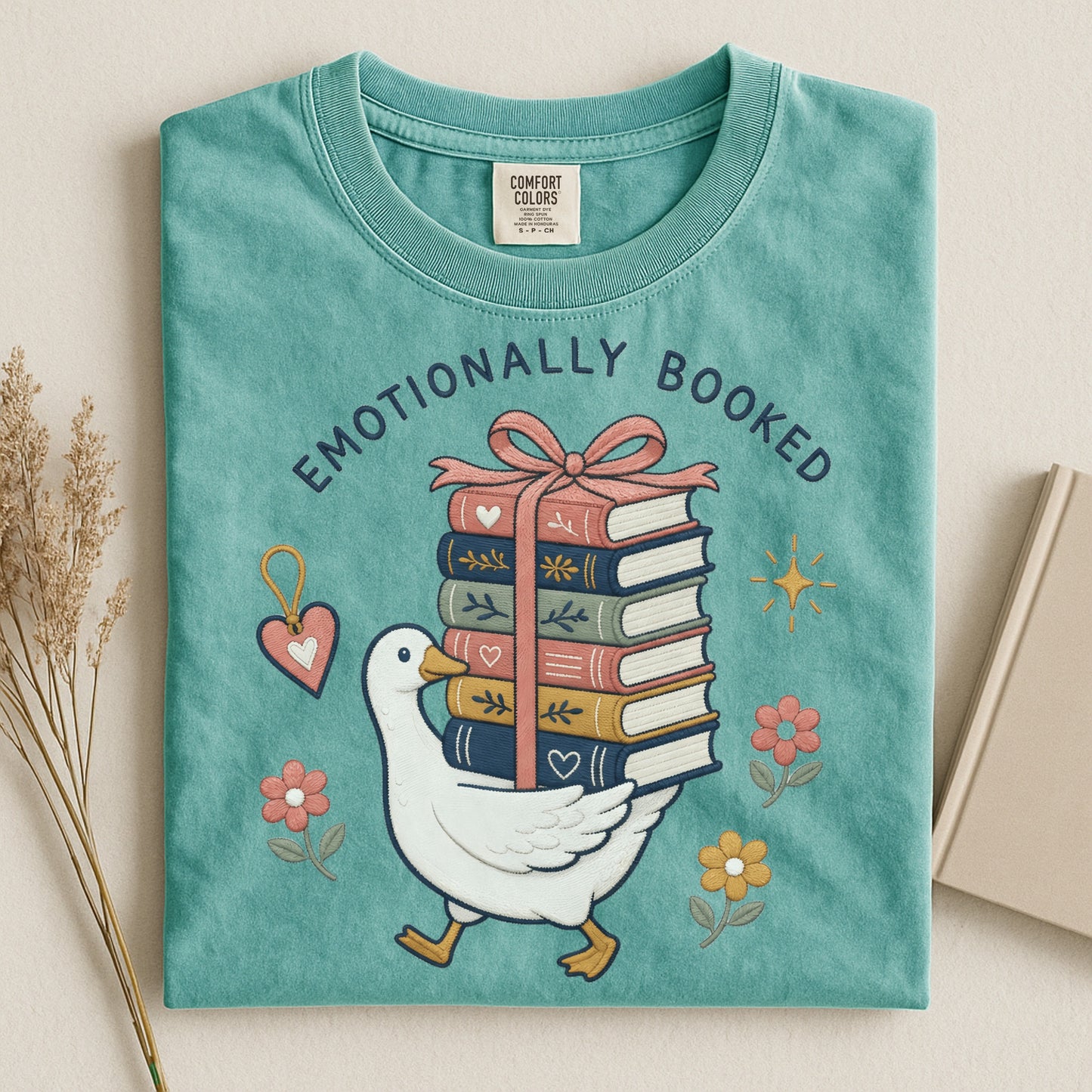 Emotionally Booked T-Shirt — Cute Goose & Stack of Books Tee for Book Lovers