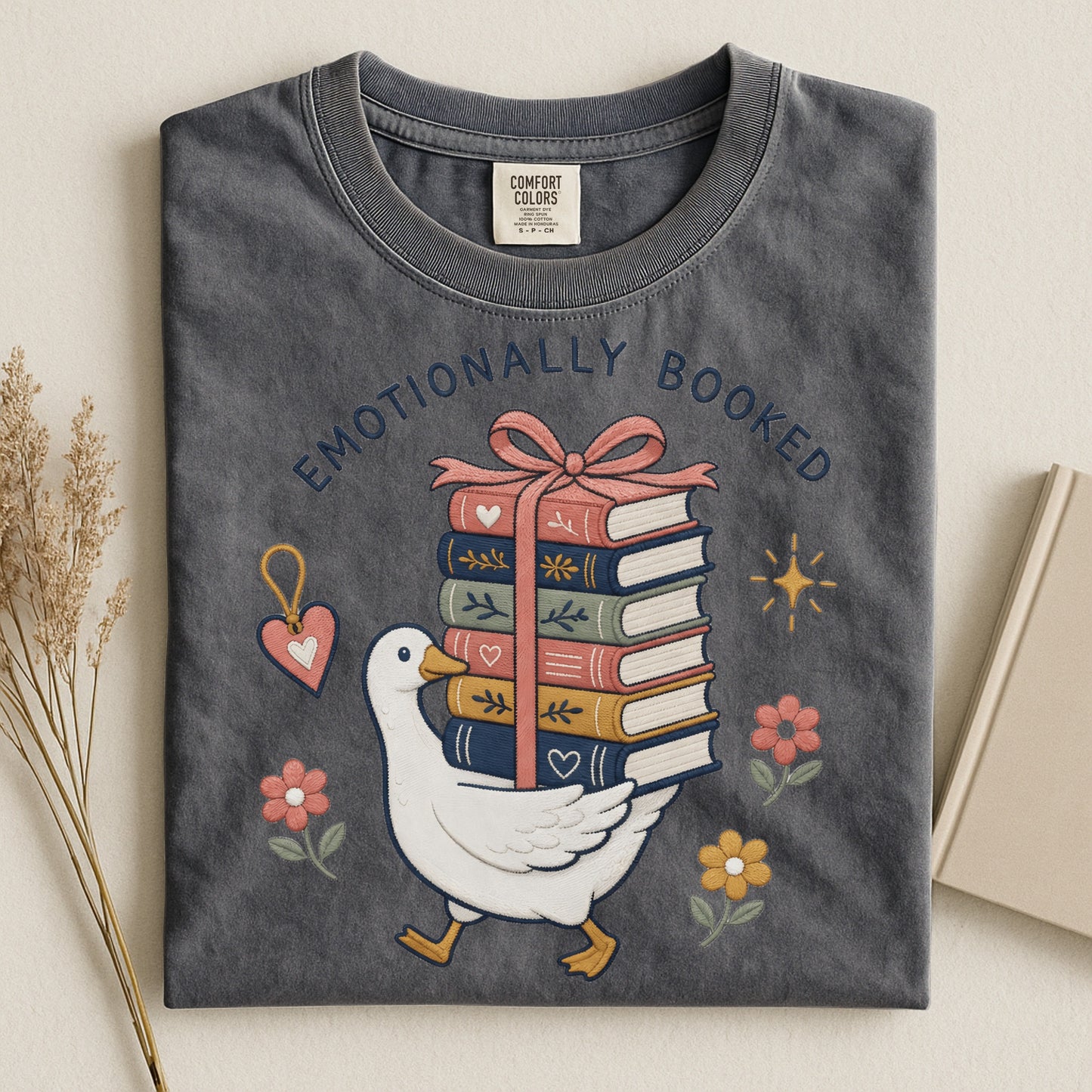 Emotionally Booked T-Shirt — Cute Goose & Stack of Books Tee for Book Lovers