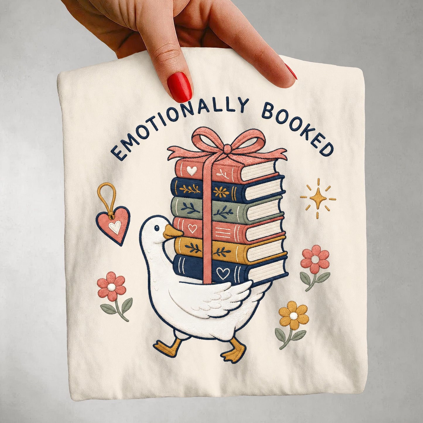 Emotionally Booked T-Shirt — Cute Goose & Stack of Books Tee for Book Lovers