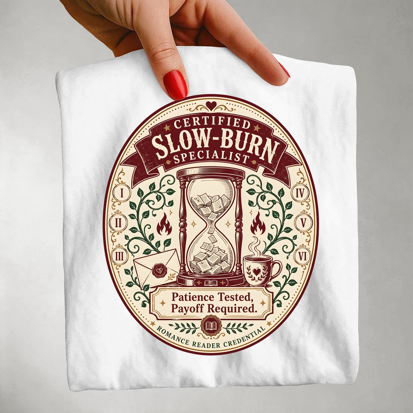 Slow-Burn Specialist T-Shirt — “Patience Tested, Payoff Required” Vintage Hourglass Tee