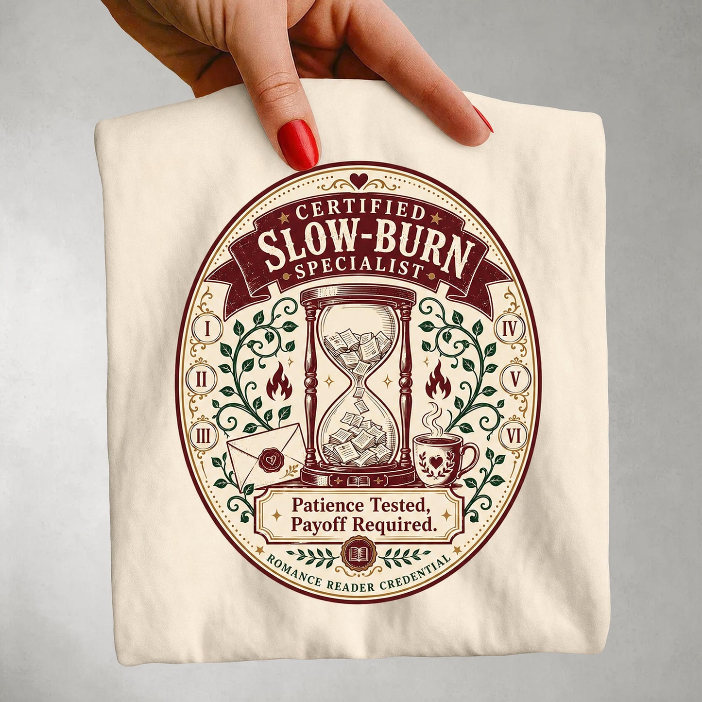 Slow-Burn Specialist T-Shirt — “Patience Tested, Payoff Required” Vintage Hourglass Tee