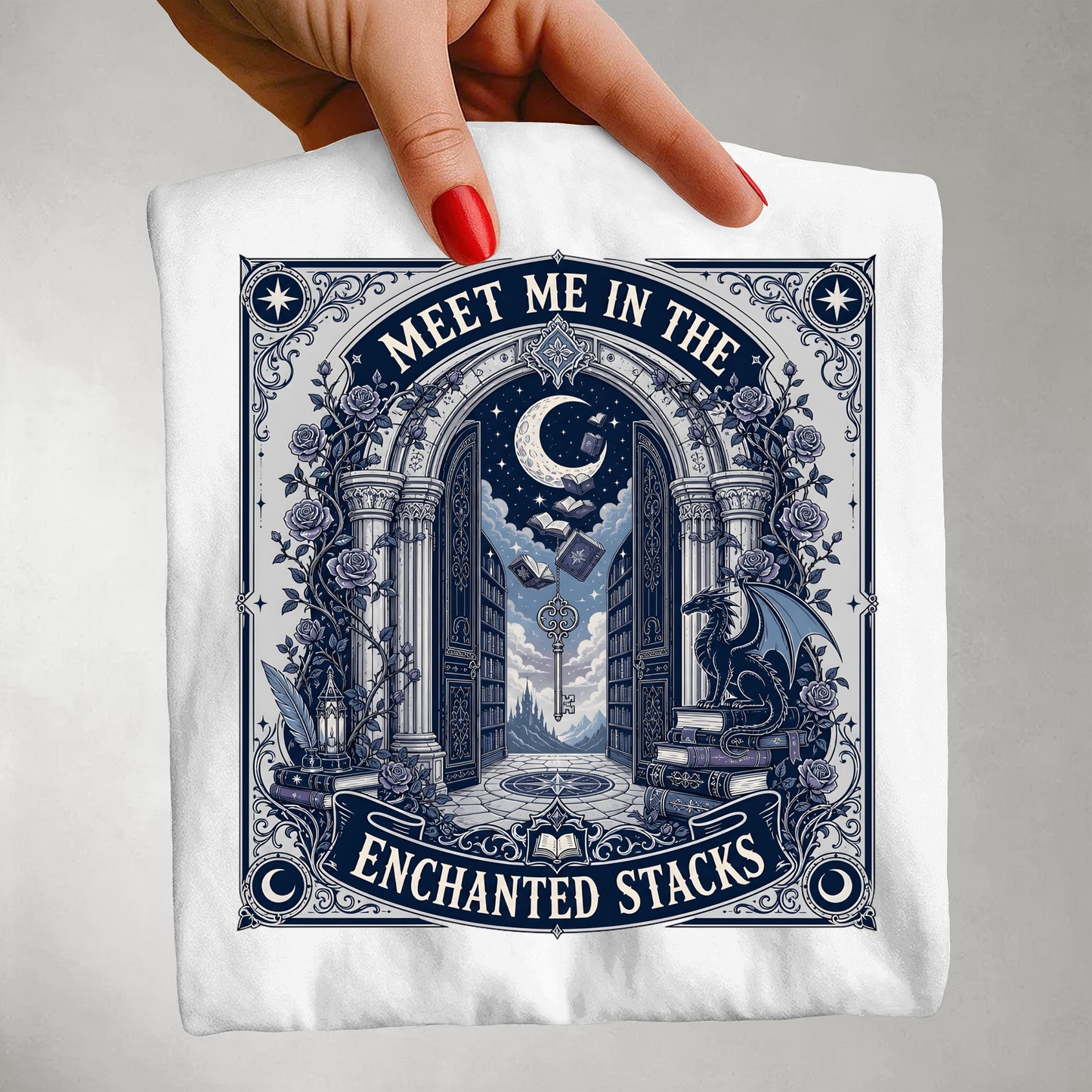 Meet Me In The Enchanted Stacks T-Shirt — Moonlit Library Graphic Tee