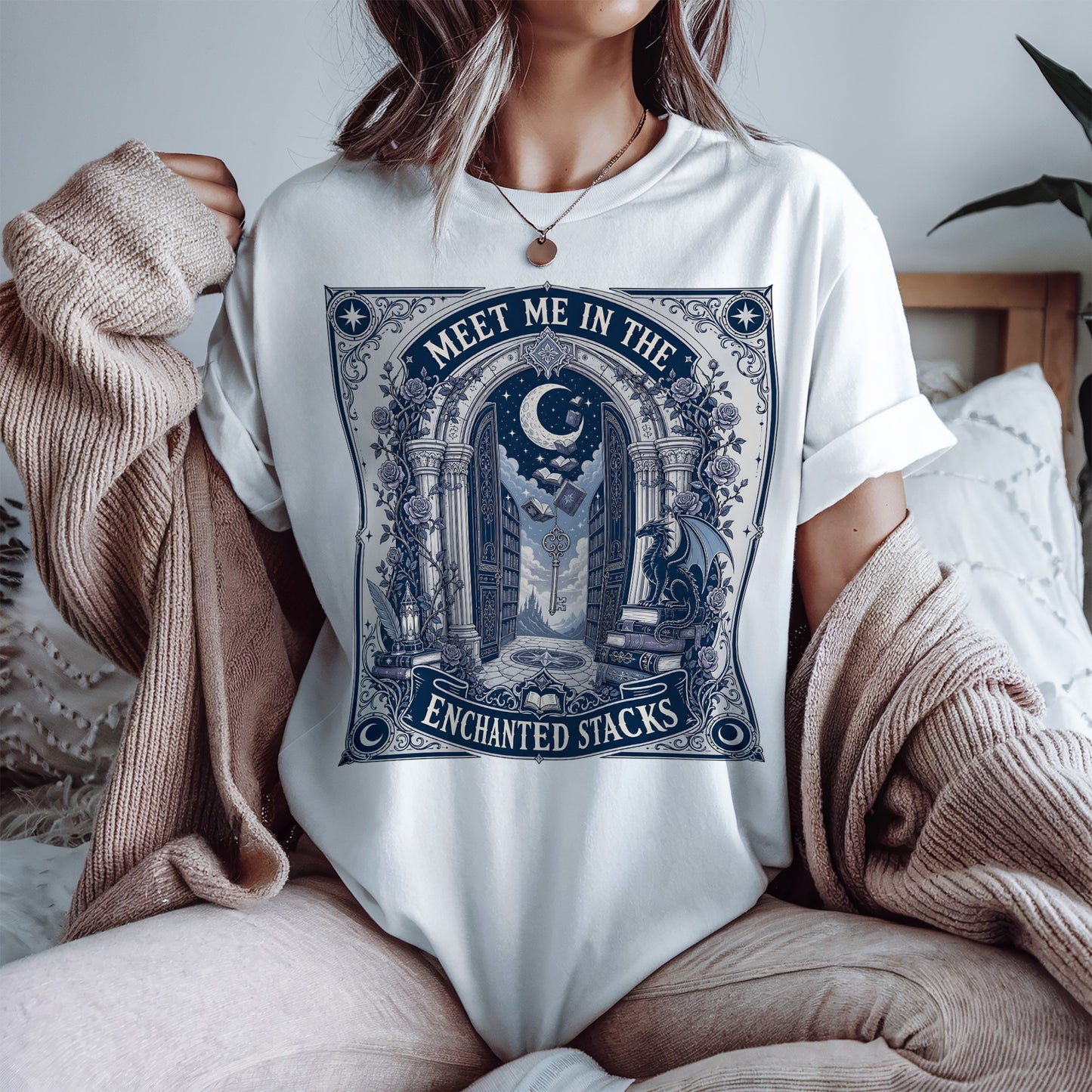 Meet Me In The Enchanted Stacks T-Shirt — Moonlit Library Graphic Tee