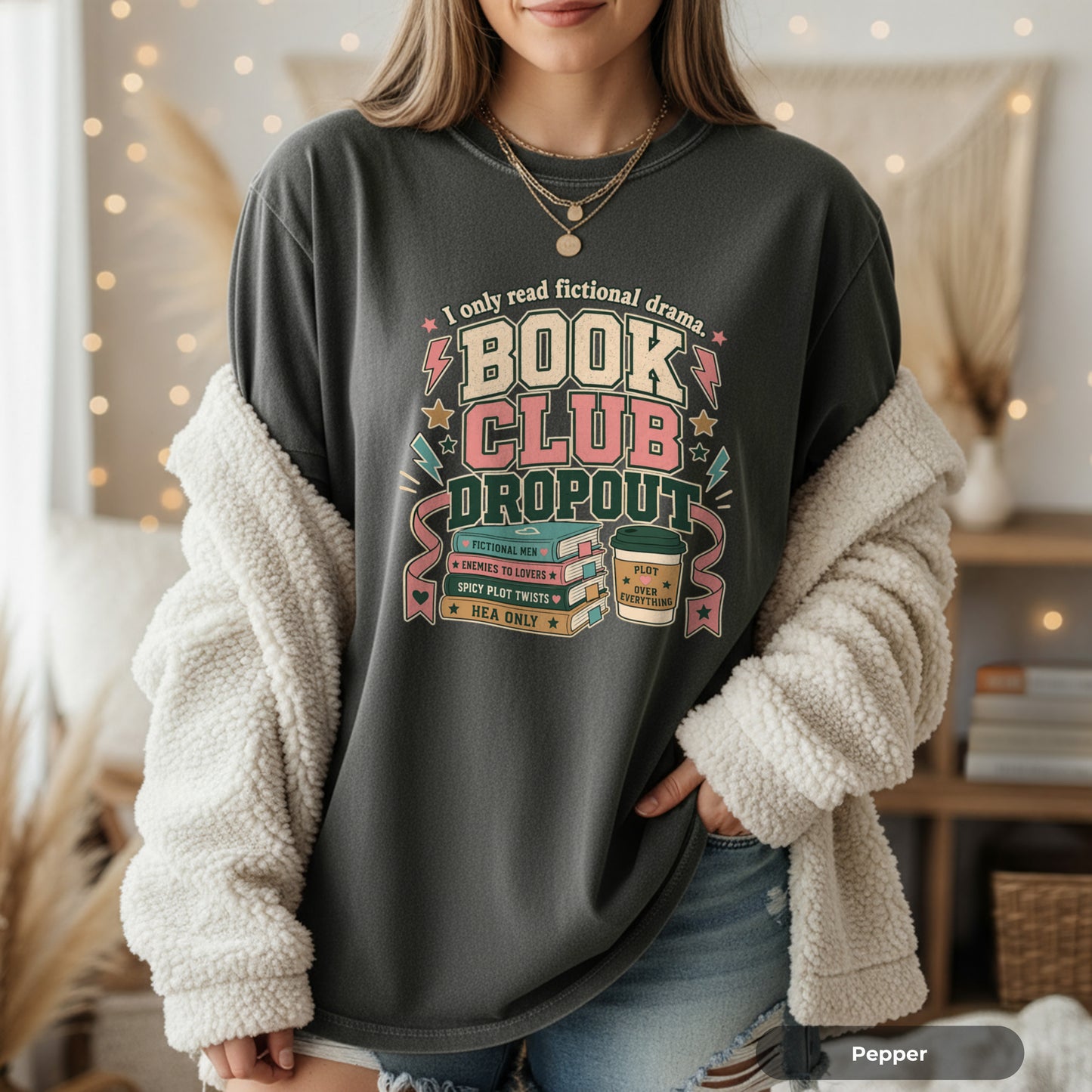 Book Club Dropout T-Shirt — Retro Stack of Books & Coffee Graphic Tee