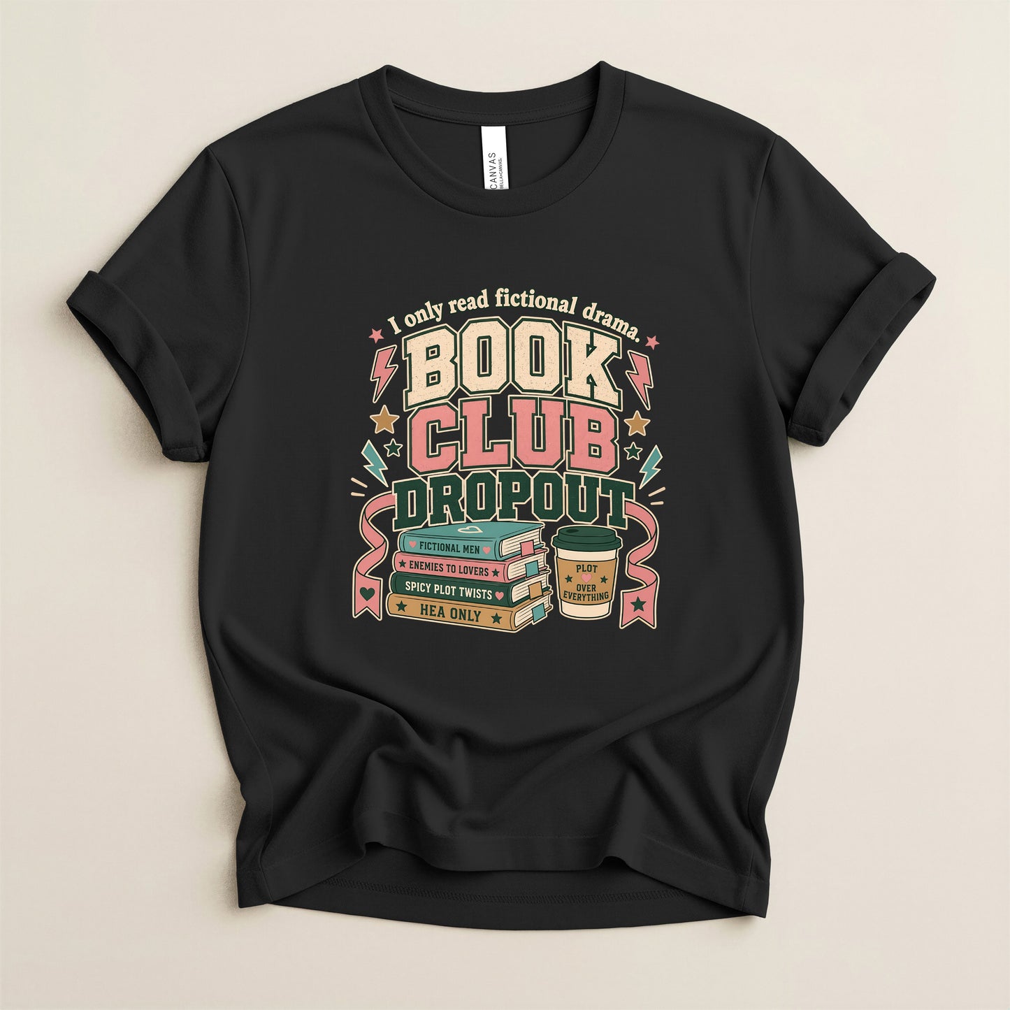 Book Club Dropout T-Shirt — Retro Stack of Books & Coffee Graphic Tee