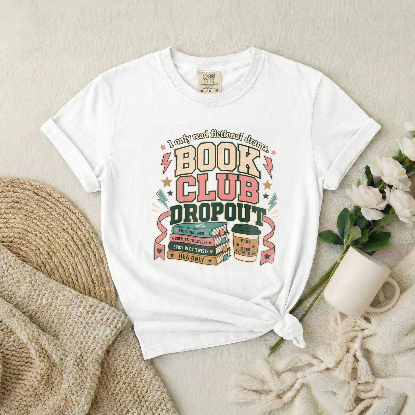 Book Club Dropout T-Shirt — Retro Stack of Books & Coffee Graphic Tee