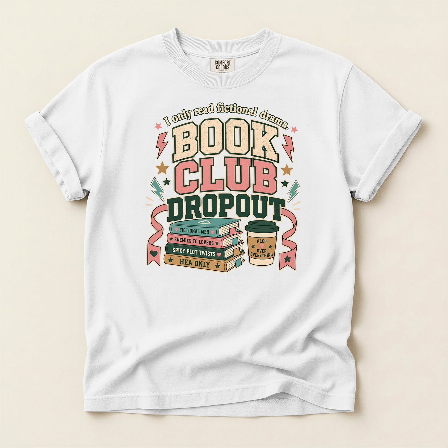 Book Club Dropout T-Shirt — Retro Stack of Books & Coffee Graphic Tee