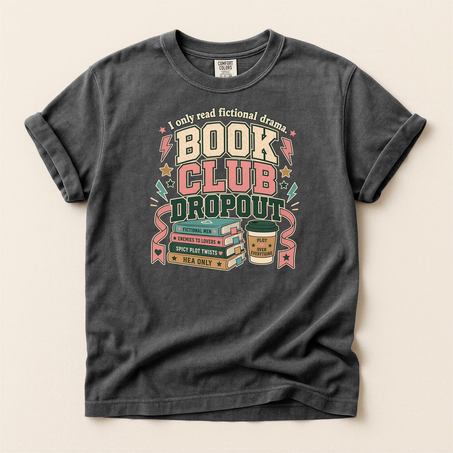 Book Club Dropout T-Shirt — Retro Stack of Books & Coffee Graphic Tee