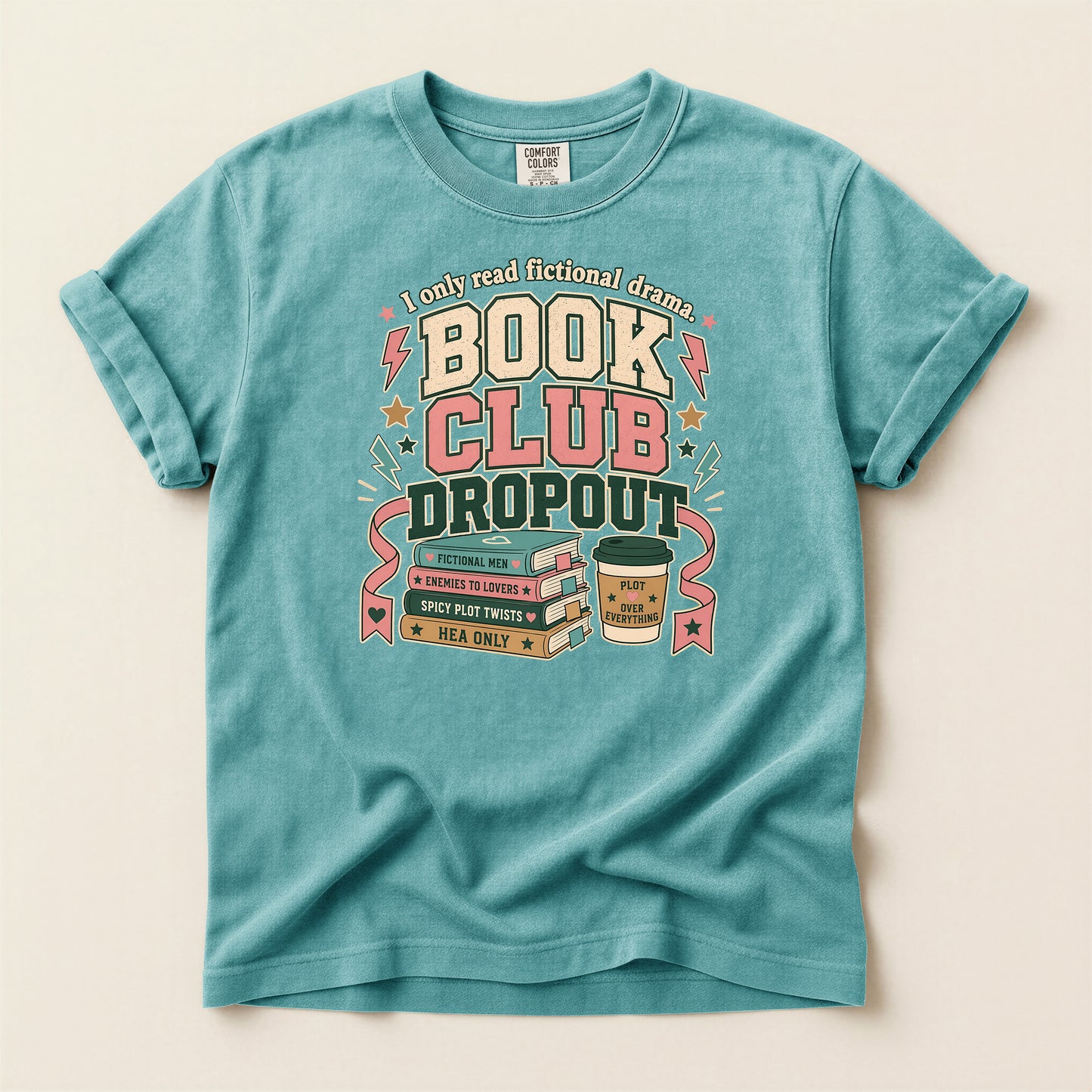 Book Club Dropout T-Shirt — Retro Stack of Books & Coffee Graphic Tee