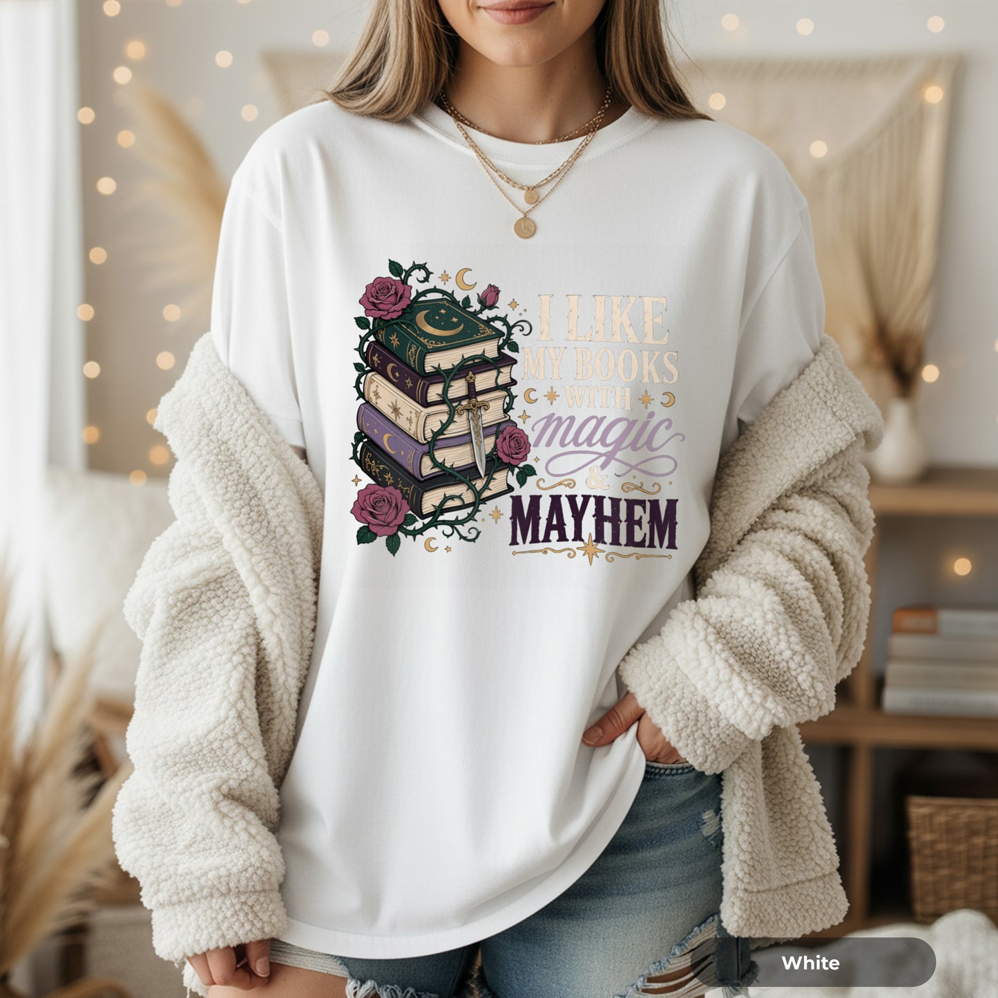 T-Shirt — "I Like My Books With Magic & Mayhem" Stack of Books Graphic