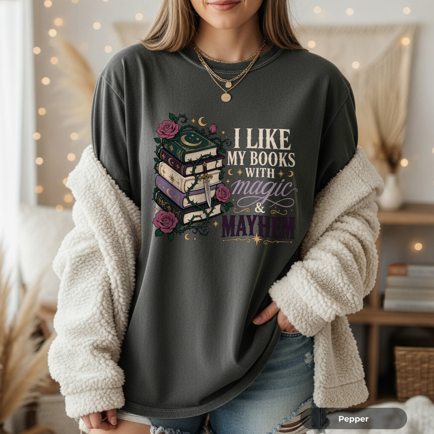 T-Shirt — "I Like My Books With Magic & Mayhem" Stack of Books Graphic