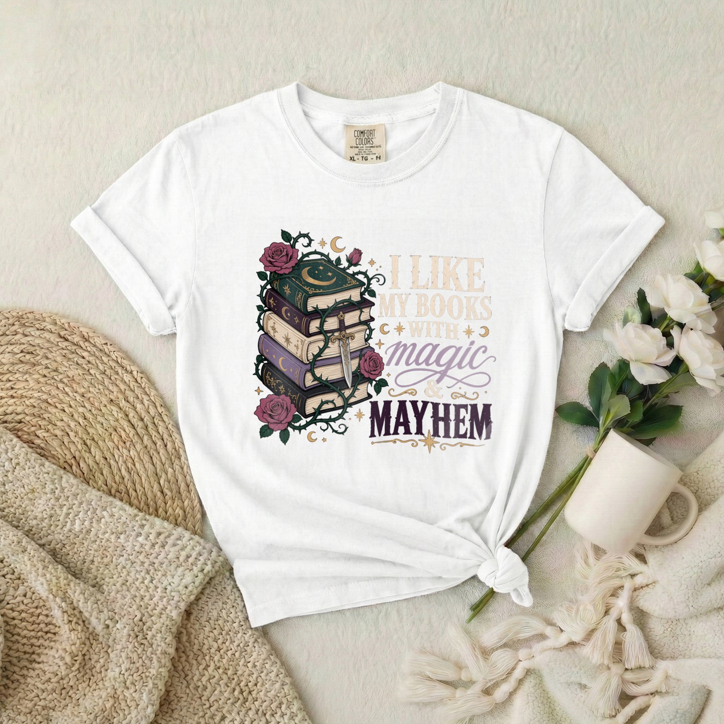 T-Shirt — "I Like My Books With Magic & Mayhem" Stack of Books Graphic