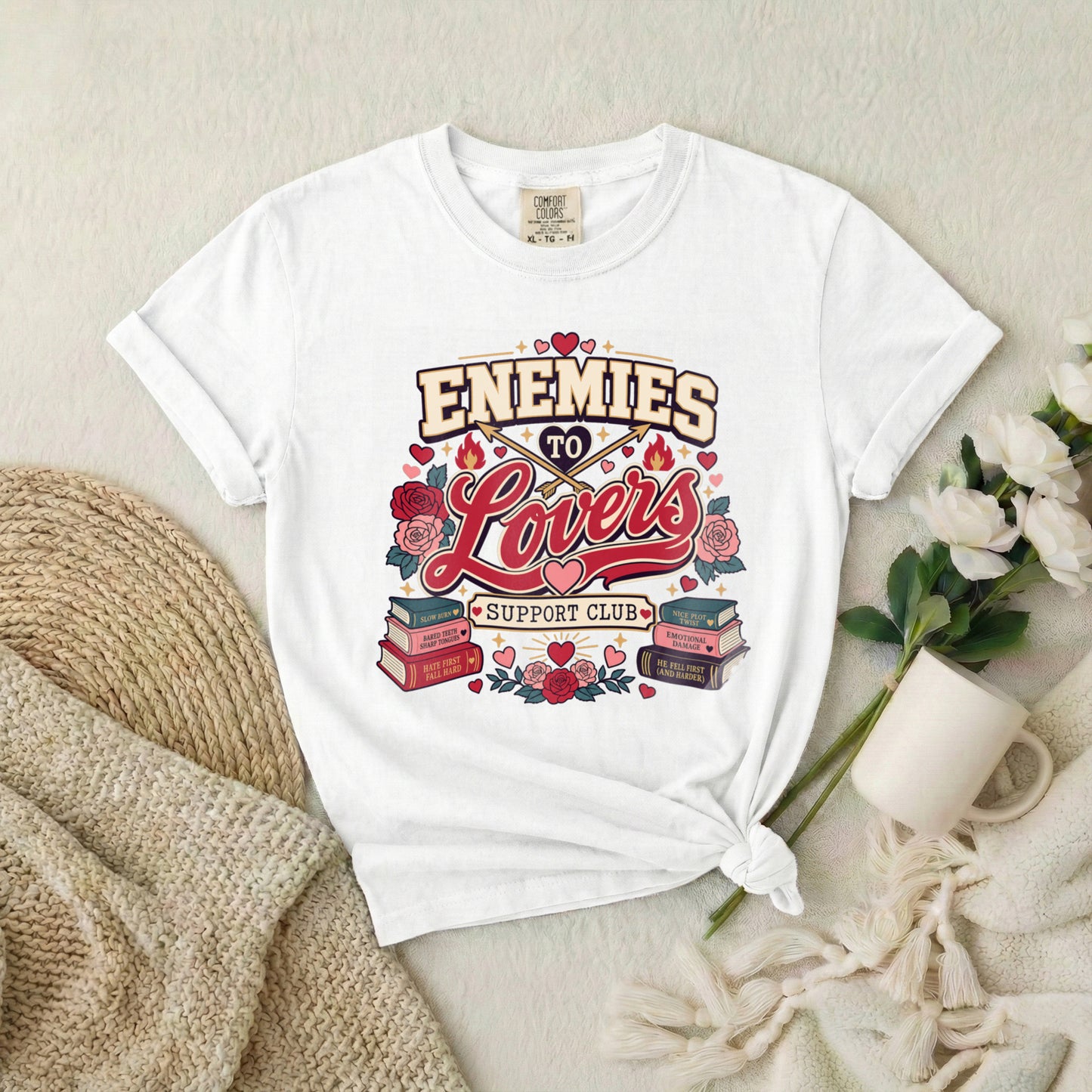 Enemies to Lovers T-Shirt — "Enemies to Lovers Support Club" Retro Romance Tee
