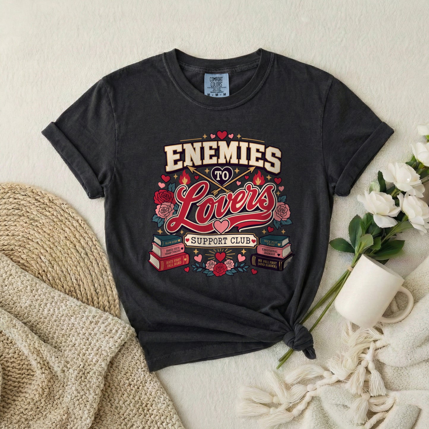 Enemies to Lovers T-Shirt — "Enemies to Lovers Support Club" Retro Romance Tee