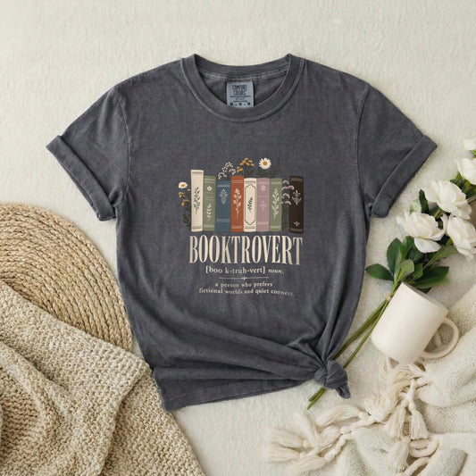 Booktrovert Book Lover T-Shirt — Vintage Stacked Books Design