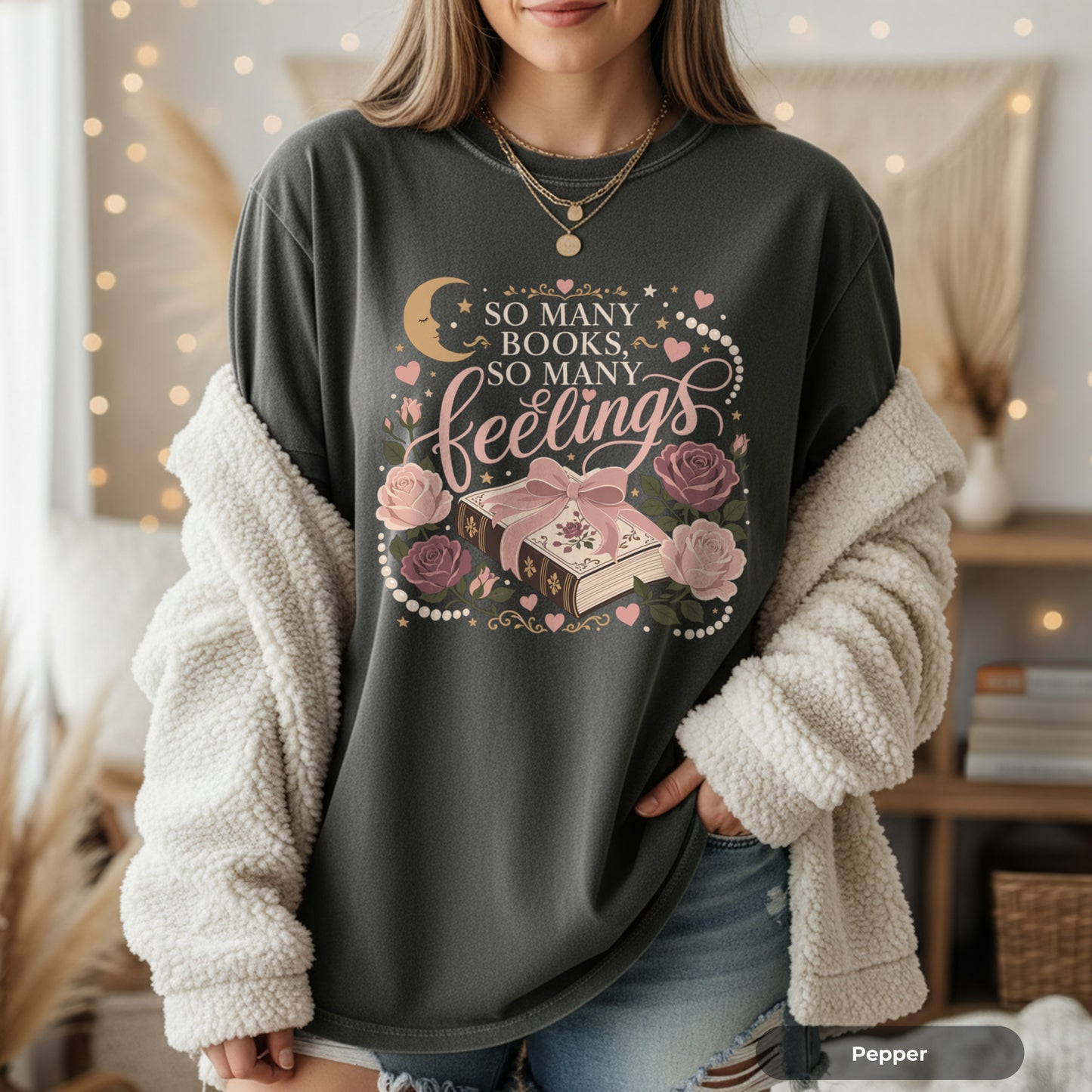 Bookish Hearts T-Shirt — "So Many Books, So Many Feelings" Floral Graphic
