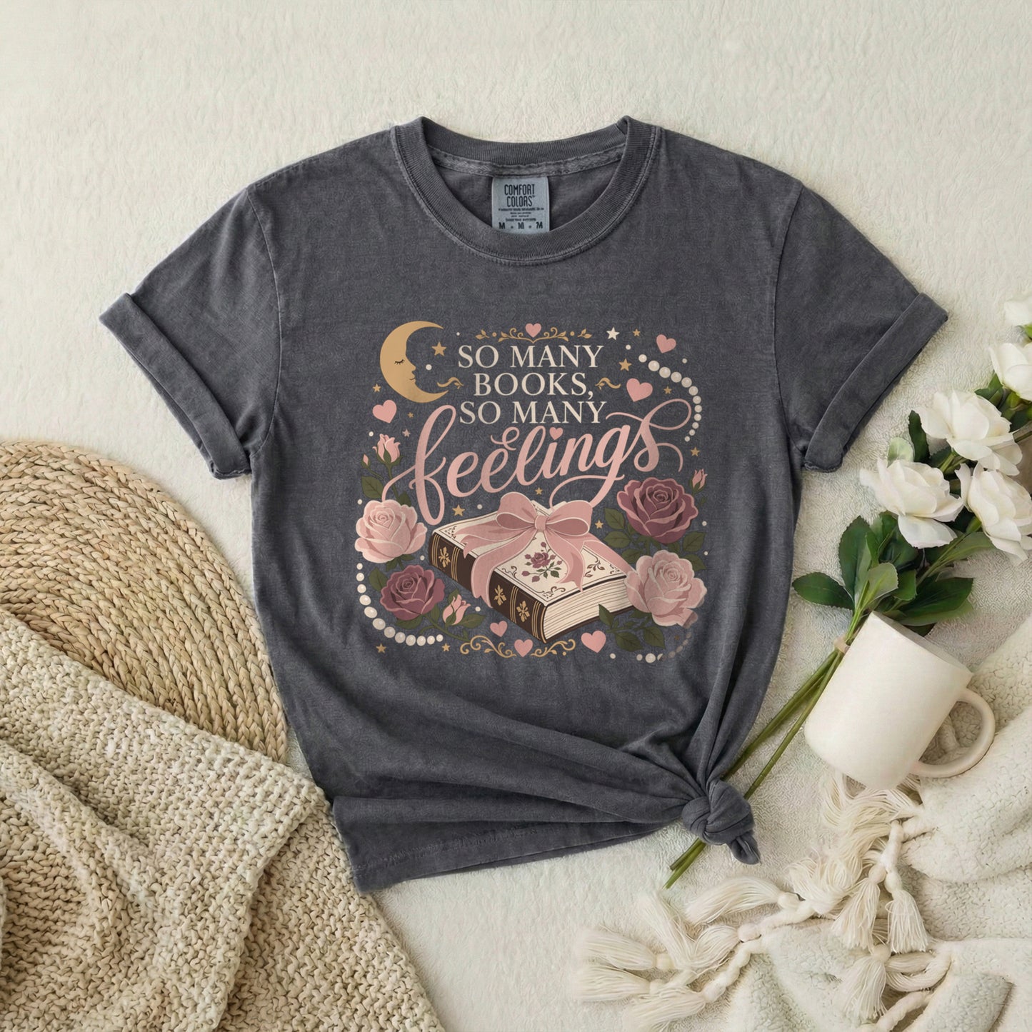 Bookish Hearts T-Shirt — "So Many Books, So Many Feelings" Floral Graphic