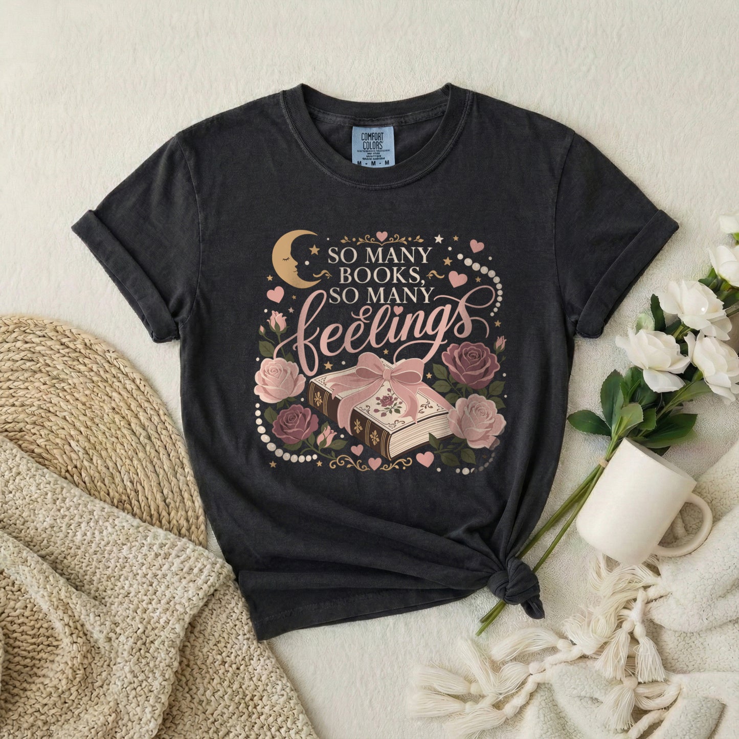 Bookish Hearts T-Shirt — "So Many Books, So Many Feelings" Floral Graphic