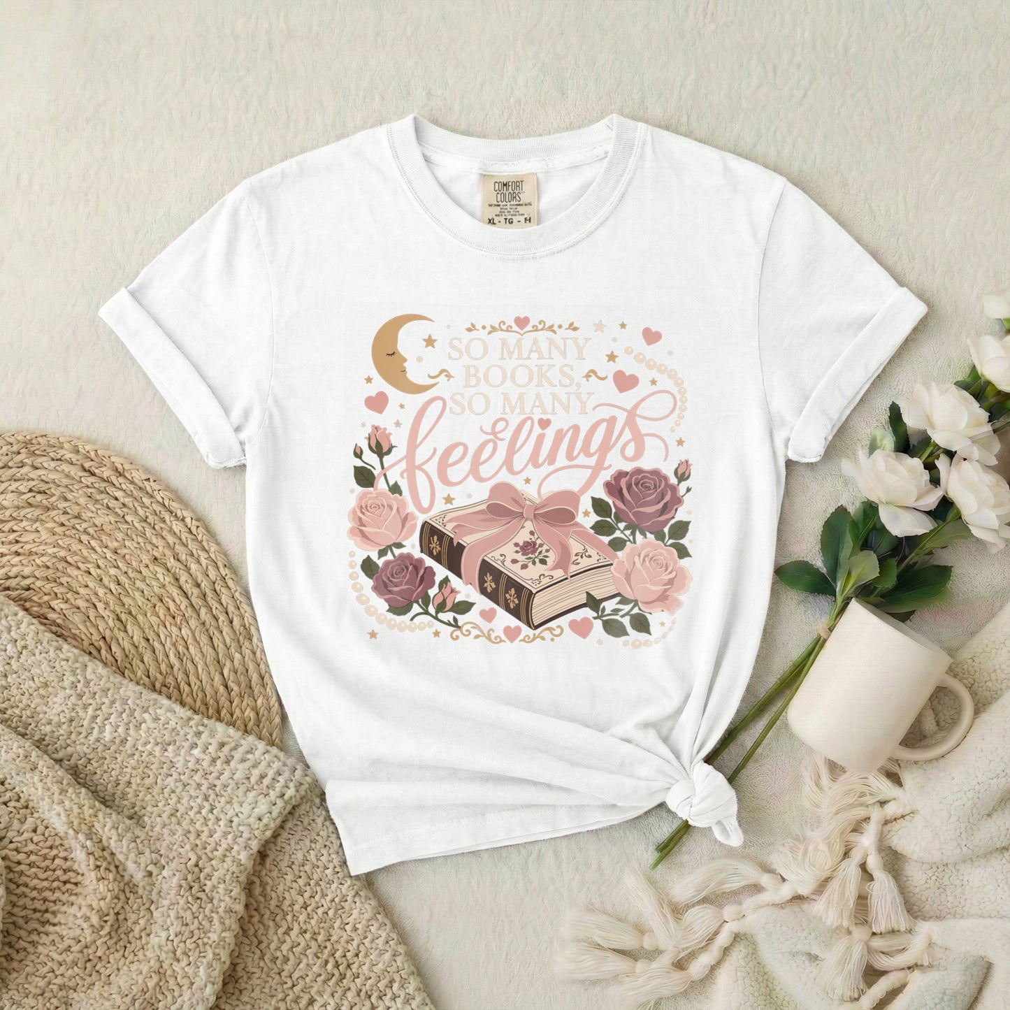 Bookish Hearts T-Shirt — "So Many Books, So Many Feelings" Floral Graphic