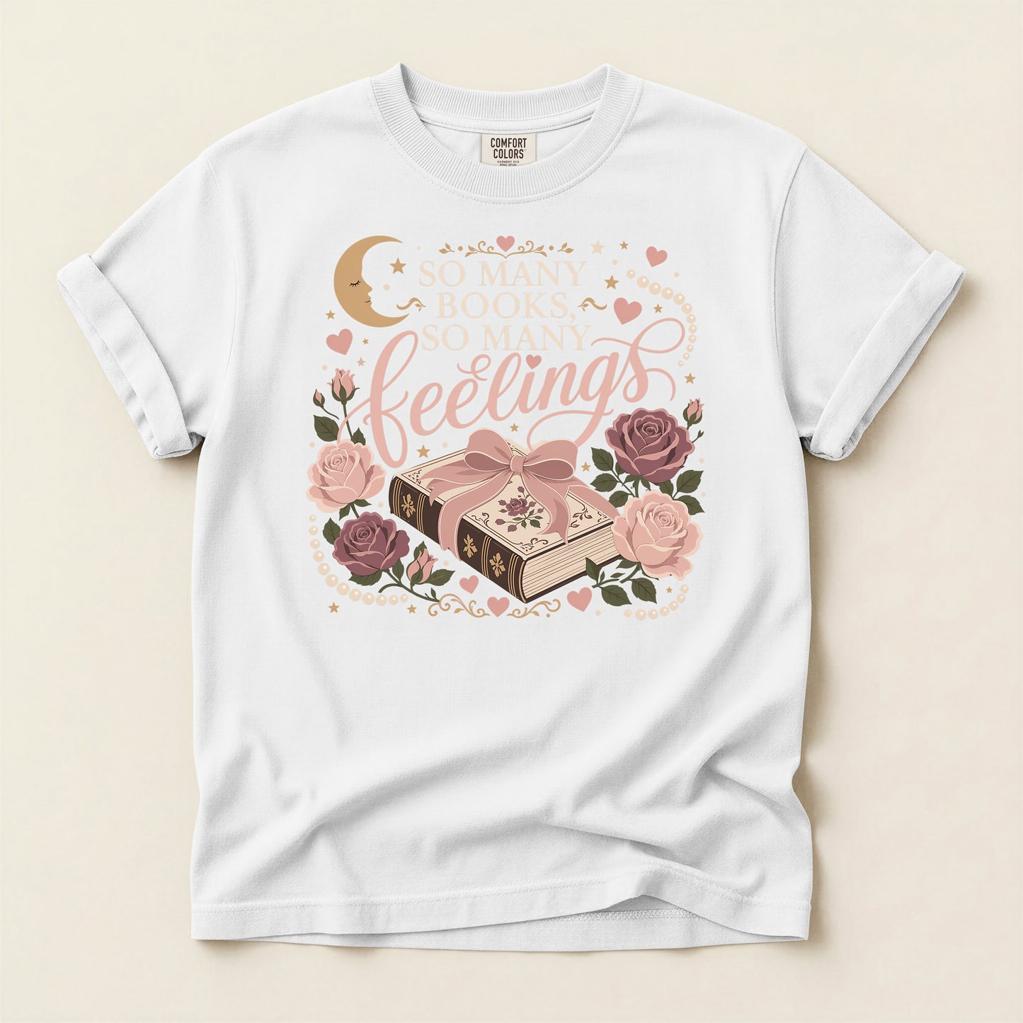 Bookish Hearts T-Shirt — "So Many Books, So Many Feelings" Floral Graphic