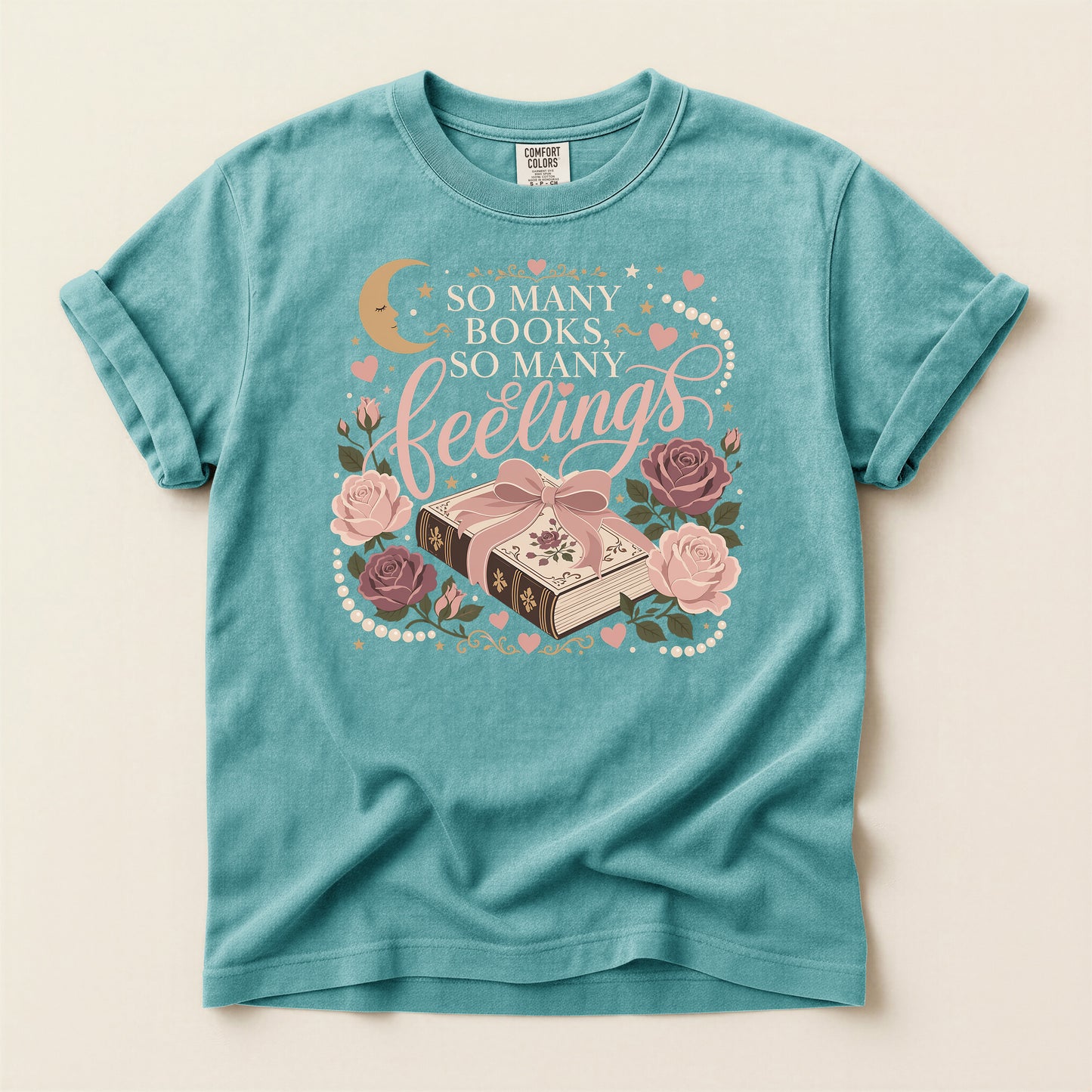 Bookish Hearts T-Shirt — "So Many Books, So Many Feelings" Floral Graphic