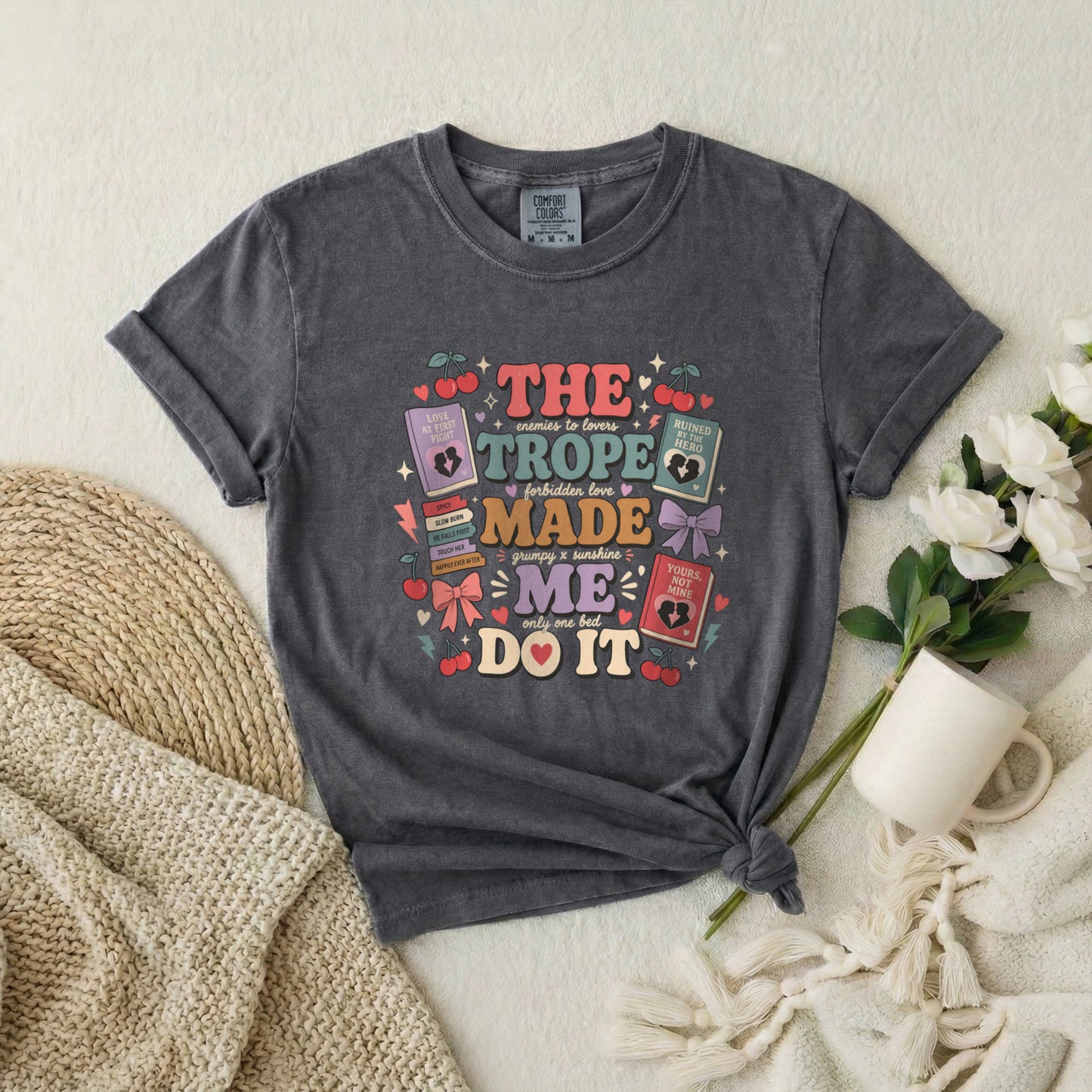 The Trope Made Me Do It Graphic T-Shirt — Retro Bookish Cherry Design